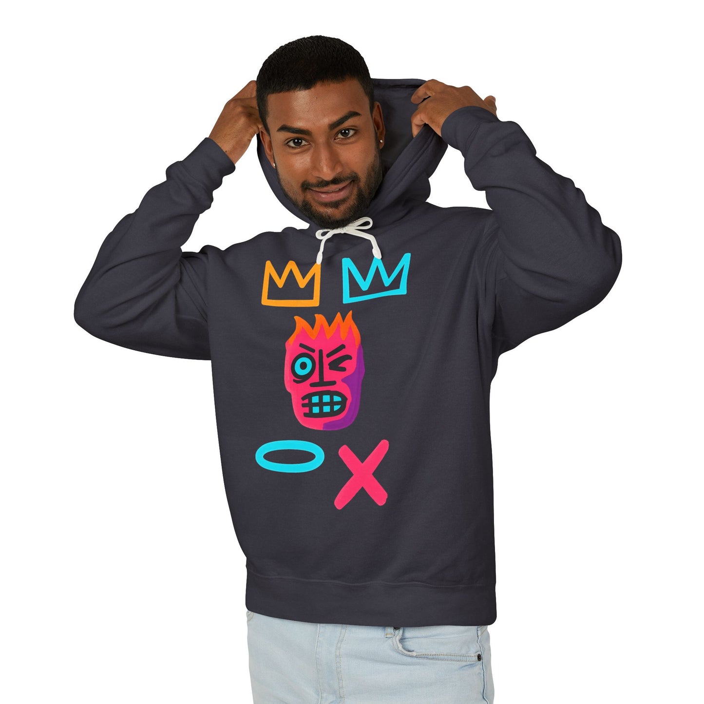 Graphic Hoodie — Neon Crown Flame Face Design