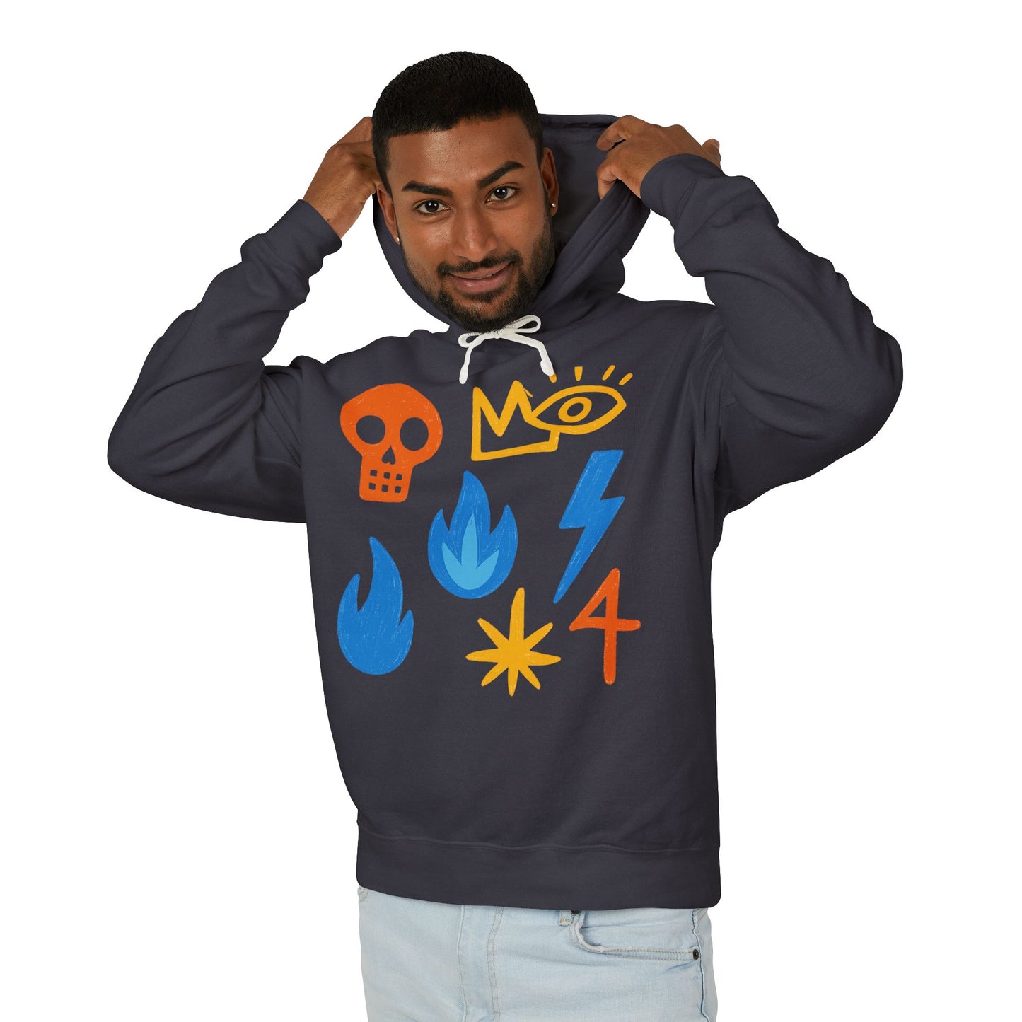Symbol Icons Hoodie — Abstract Skull, Flame & Lightning Graphic Pullover