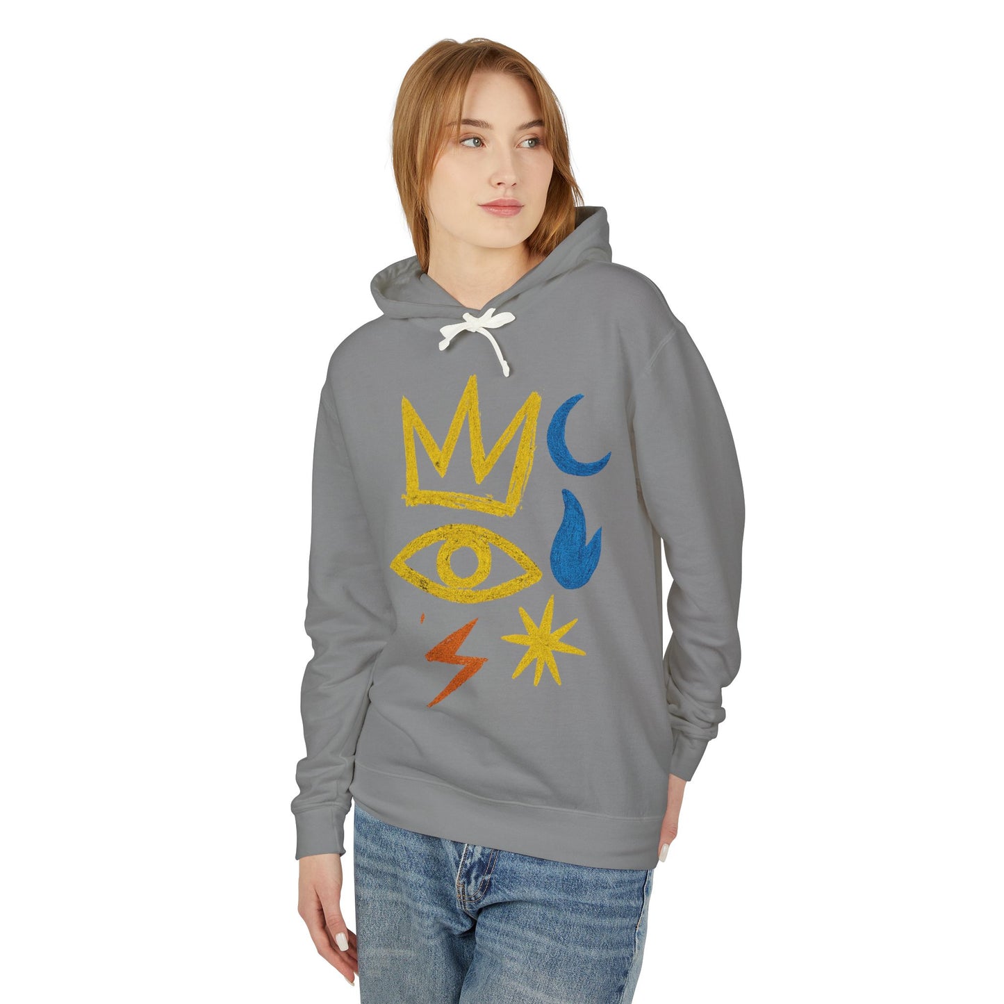 Mystic Symbols Hoodie — Crown, Eye & Celestial Icons Lightweight Pullover