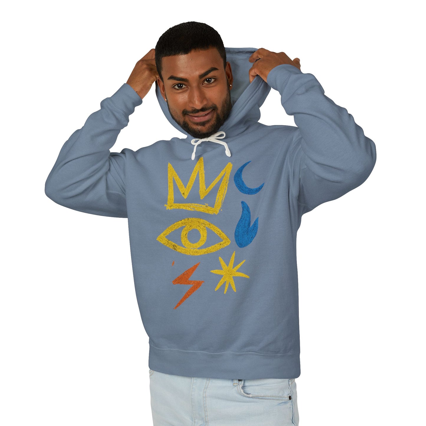 Mystic Symbols Hoodie — Crown, Eye & Celestial Icons Lightweight Pullover