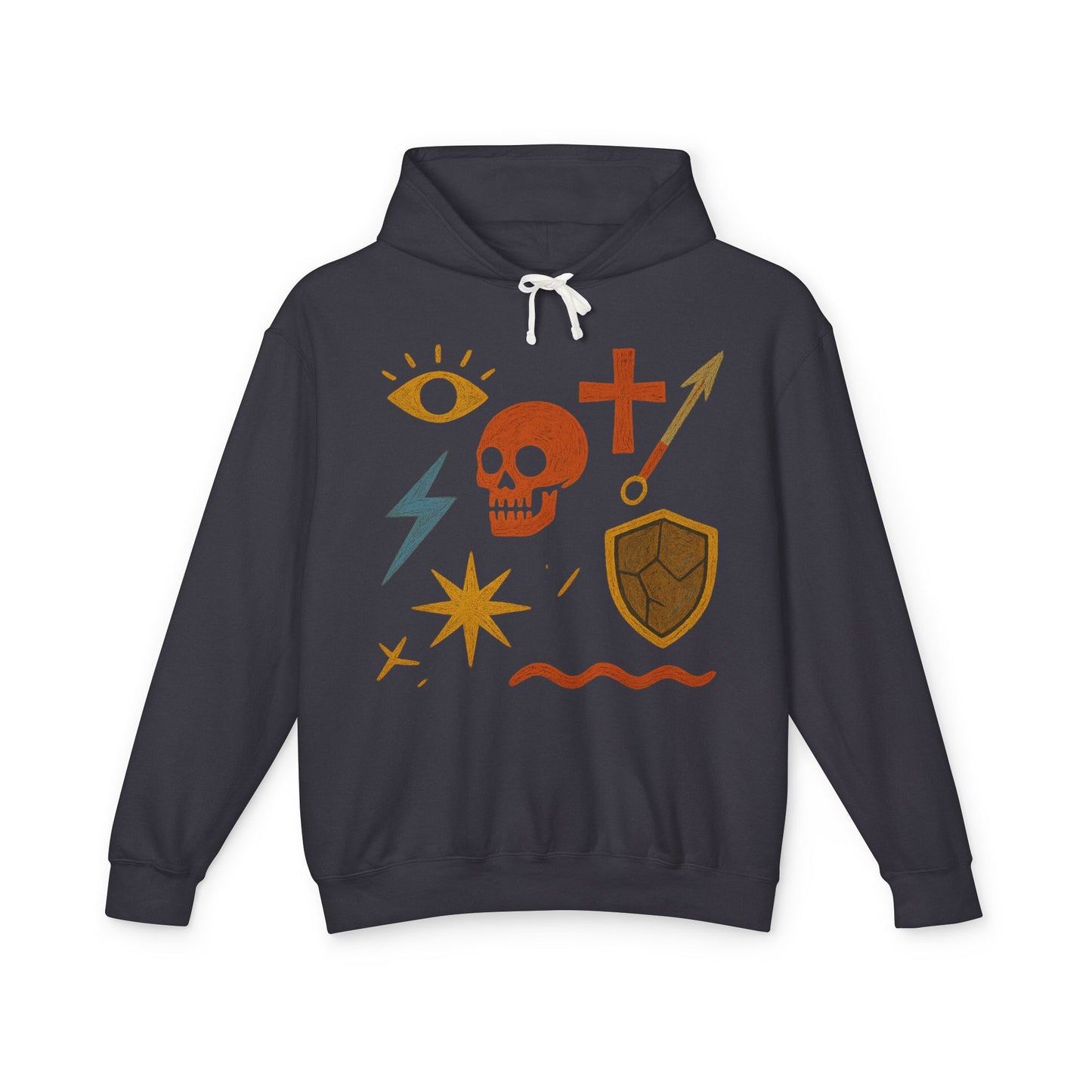 Mystic Adventure Hoodie — Skull, Shield & Symbol Graphic Pullover