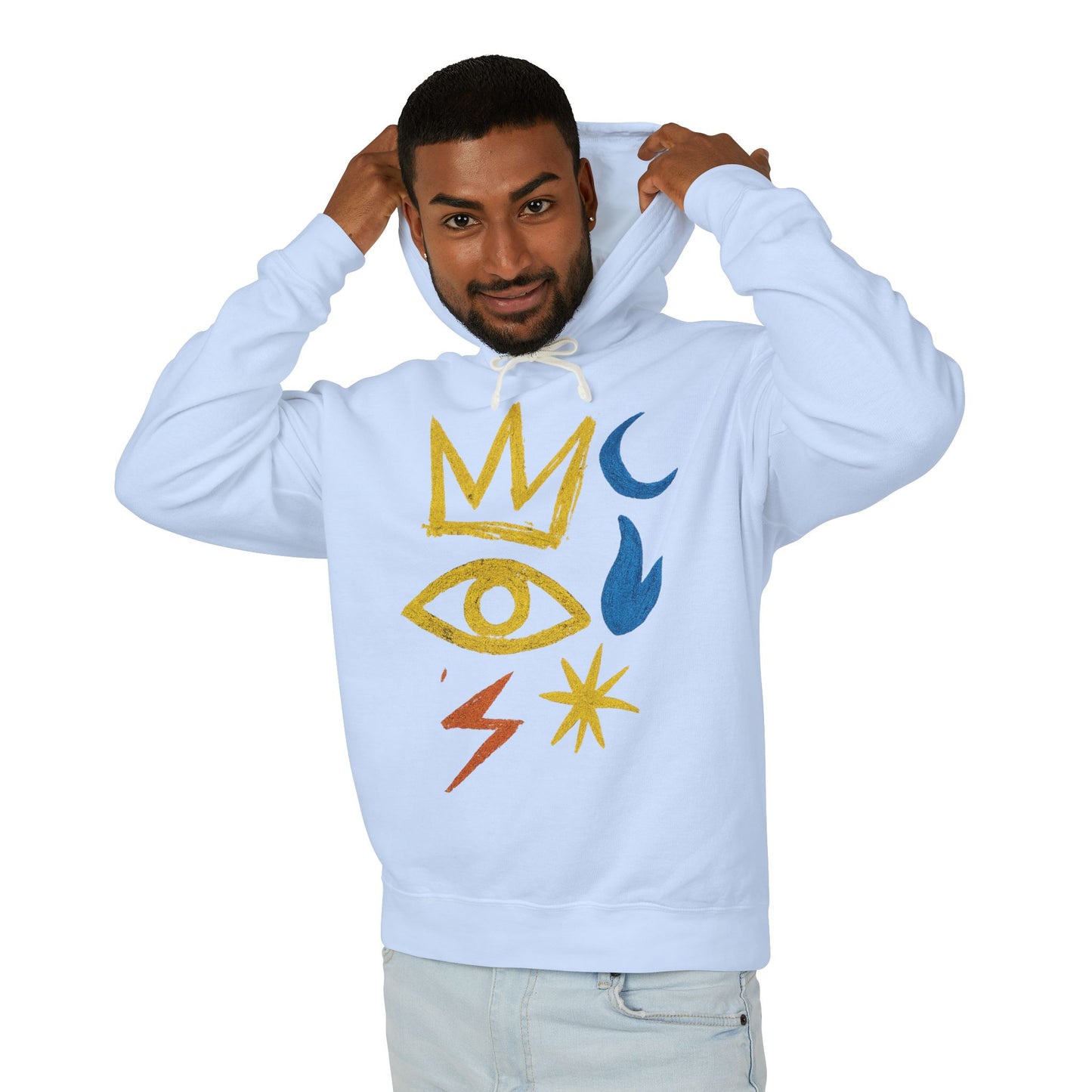 Mystic Symbols Hoodie — Crown, Eye & Celestial Icons Lightweight Pullover
