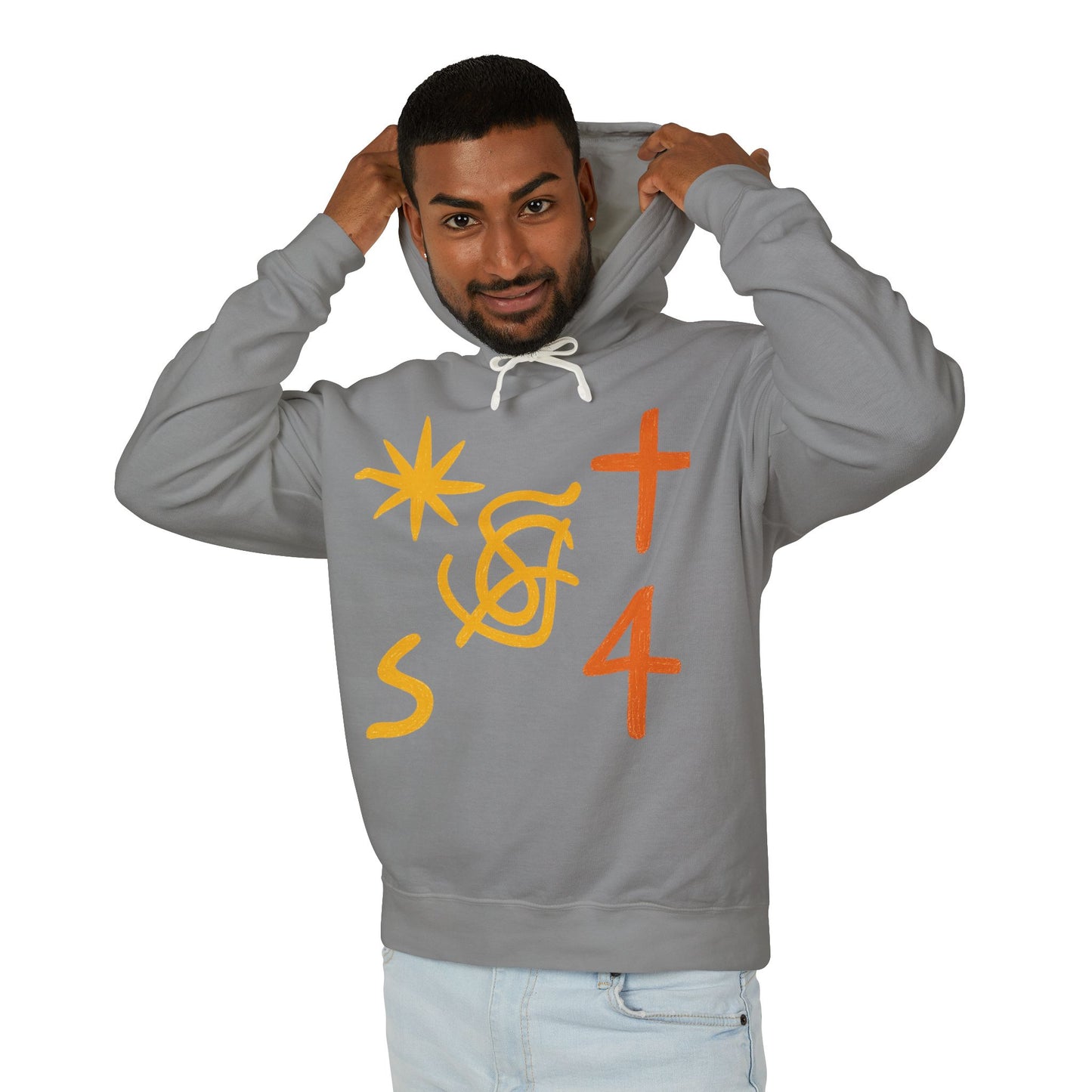 Abstract Symbols Hoodie — Minimalist Sun, Cross & '4' Graphic Lightweight Hooded Sweatshirt