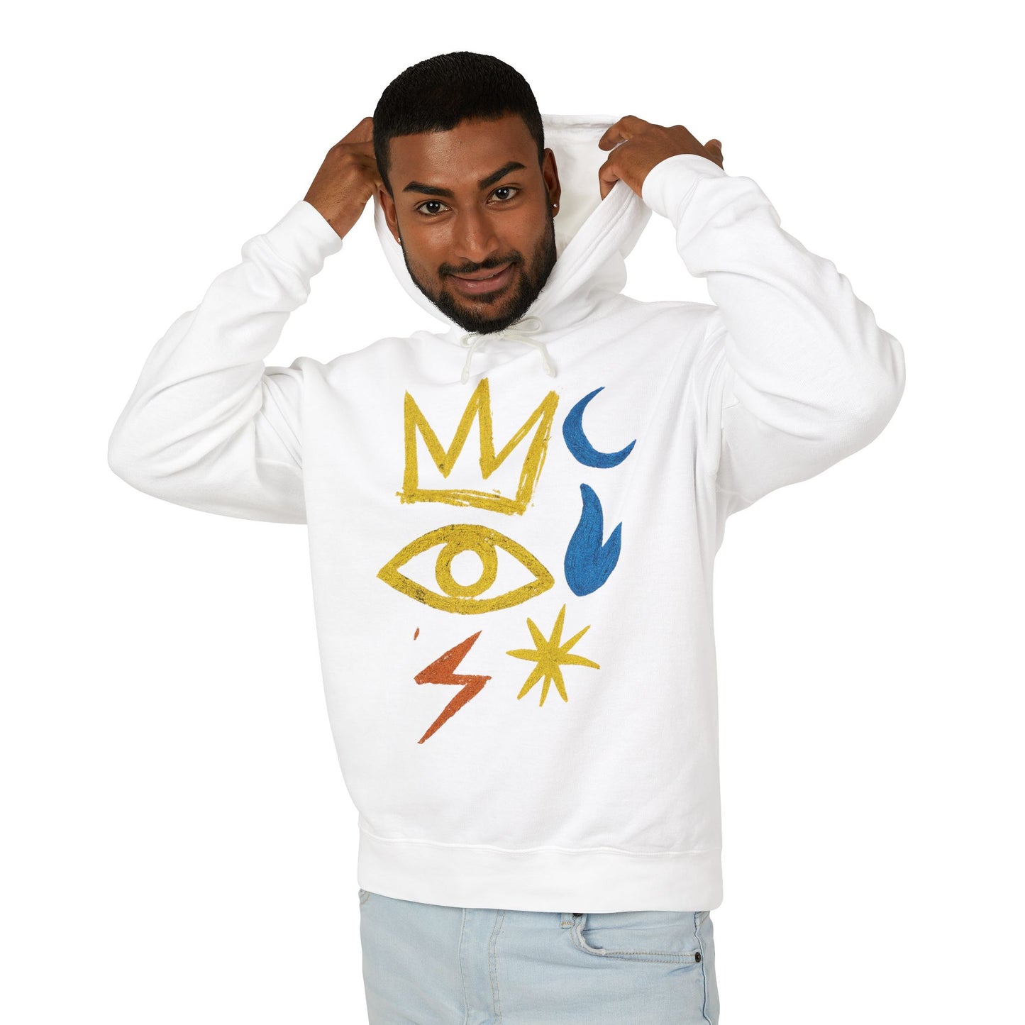 Mystic Symbols Hoodie — Crown, Eye & Celestial Icons Lightweight Pullover