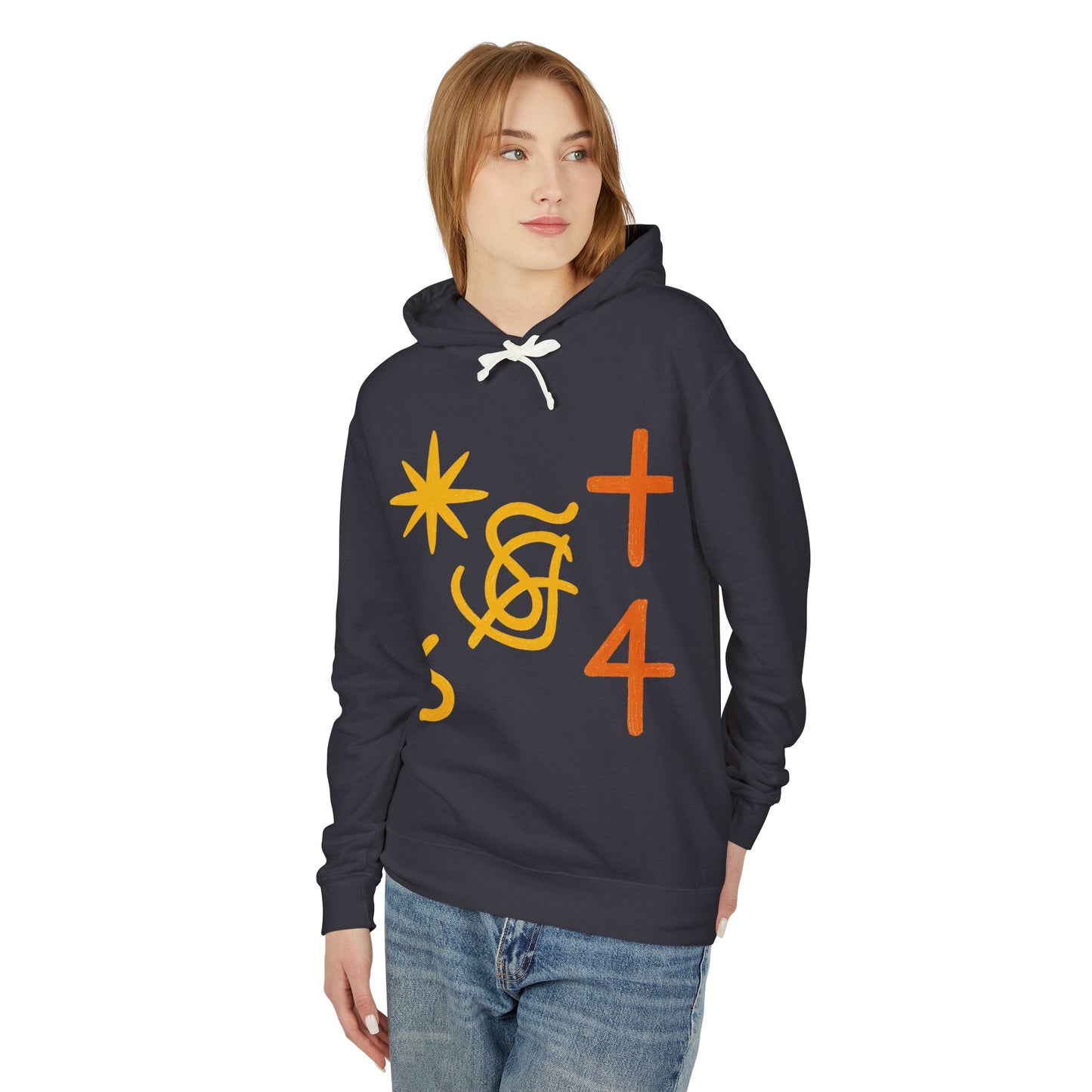 Abstract Symbols Hoodie — Minimalist Sun, Cross & '4' Graphic Lightweight Hooded Sweatshirt