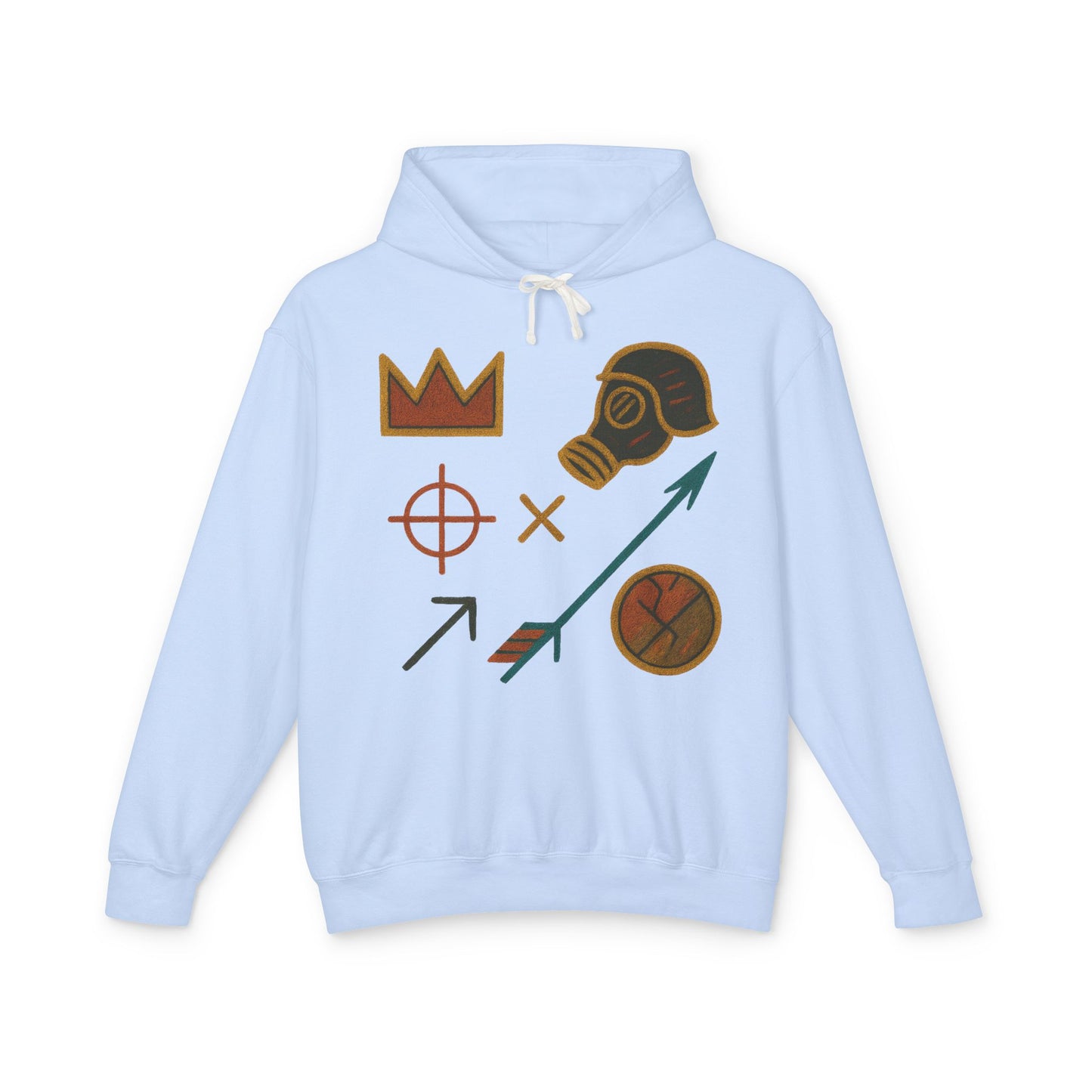 Adventure Emblems Hoodie — Tribal Crown, Gas Mask & Arrow Graphic Sweatshirt