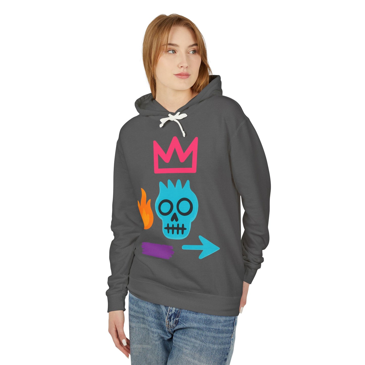 Street Art Skull Hoodie — Retro Neon Graphic Crown & Flame Pullover