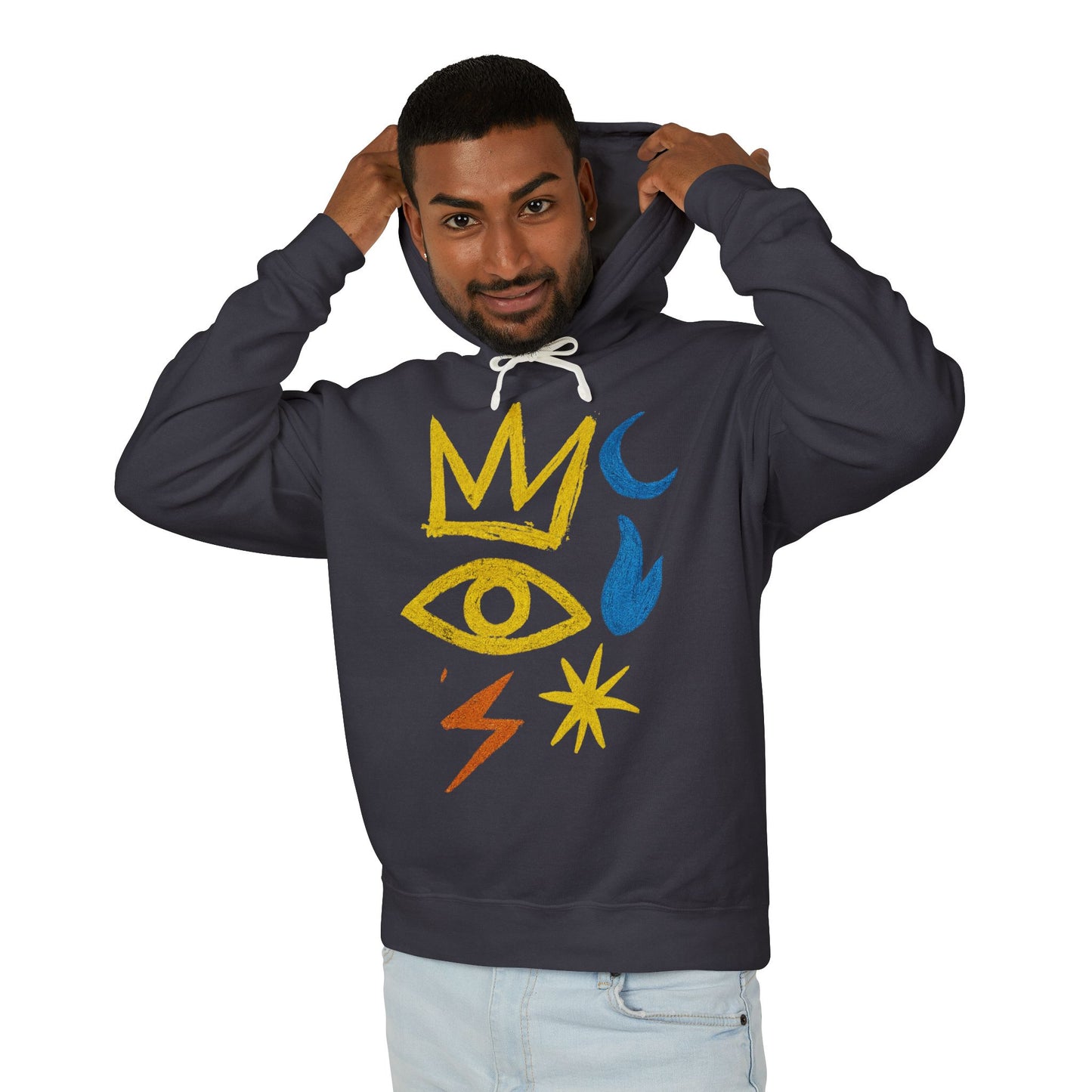 Mystic Symbols Hoodie — Crown, Eye & Celestial Icons Lightweight Pullover