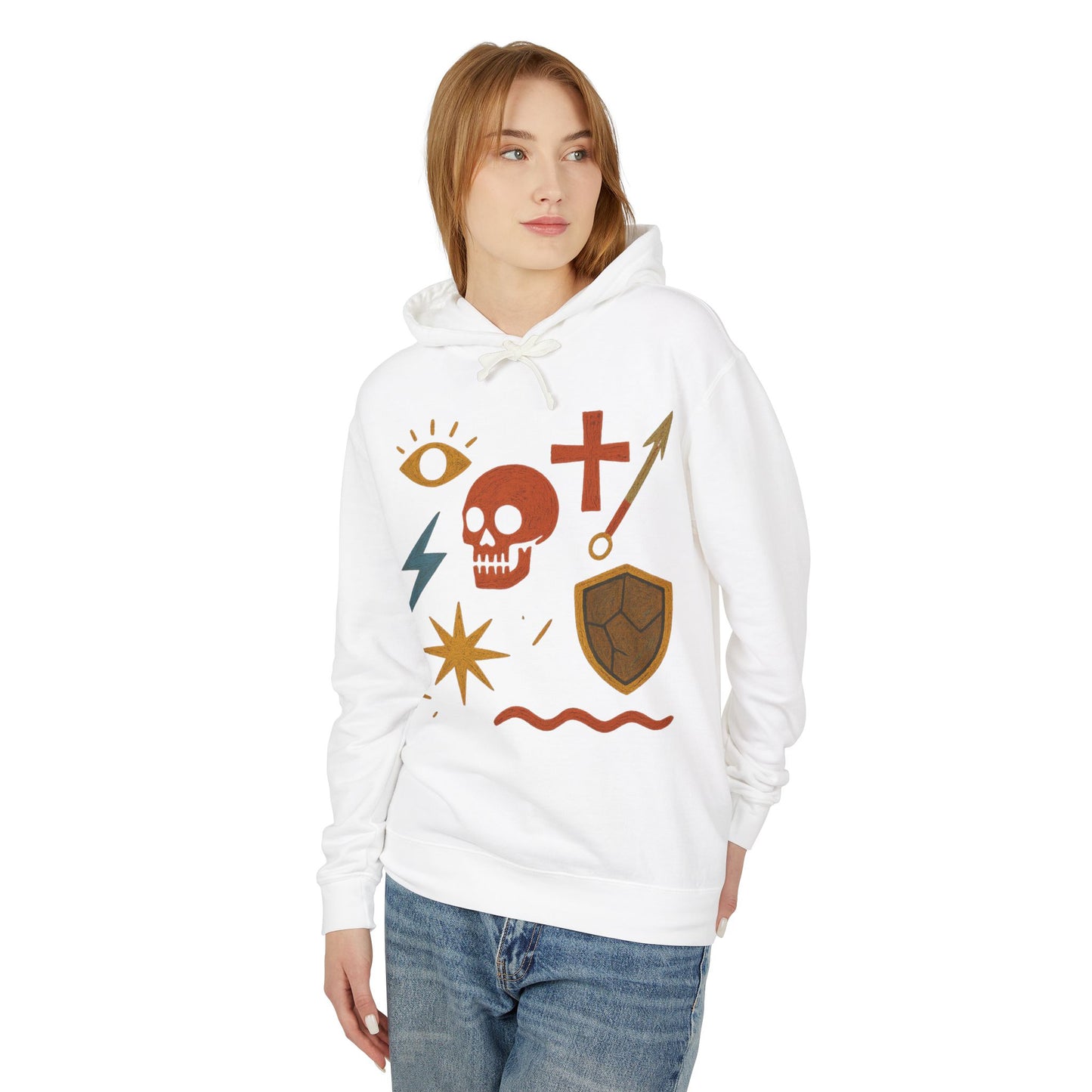 Mystic Adventure Hoodie — Skull, Shield & Symbol Graphic Pullover