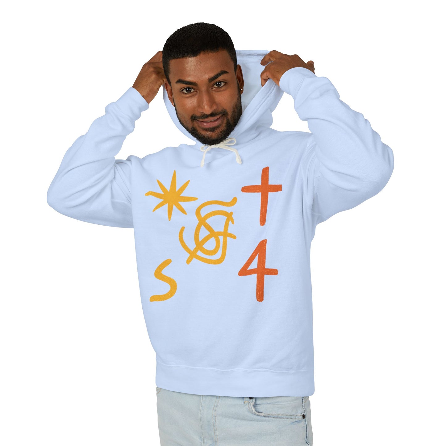 Abstract Symbols Hoodie — Minimalist Sun, Cross & '4' Graphic Lightweight Hooded Sweatshirt