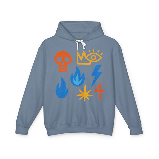 Symbol Icons Hoodie — Abstract Skull, Flame & Lightning Graphic Pullover