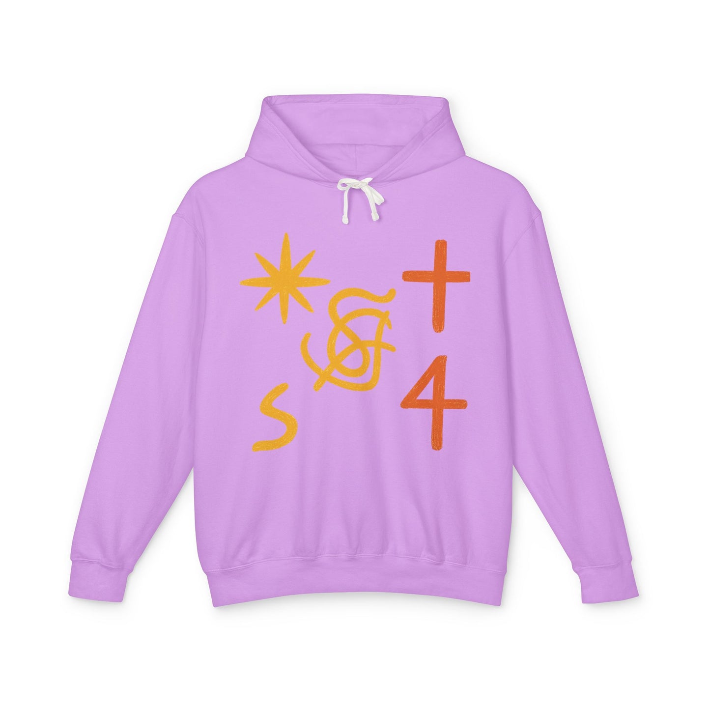 Abstract Symbols Hoodie — Minimalist Sun, Cross & '4' Graphic Lightweight Hooded Sweatshirt