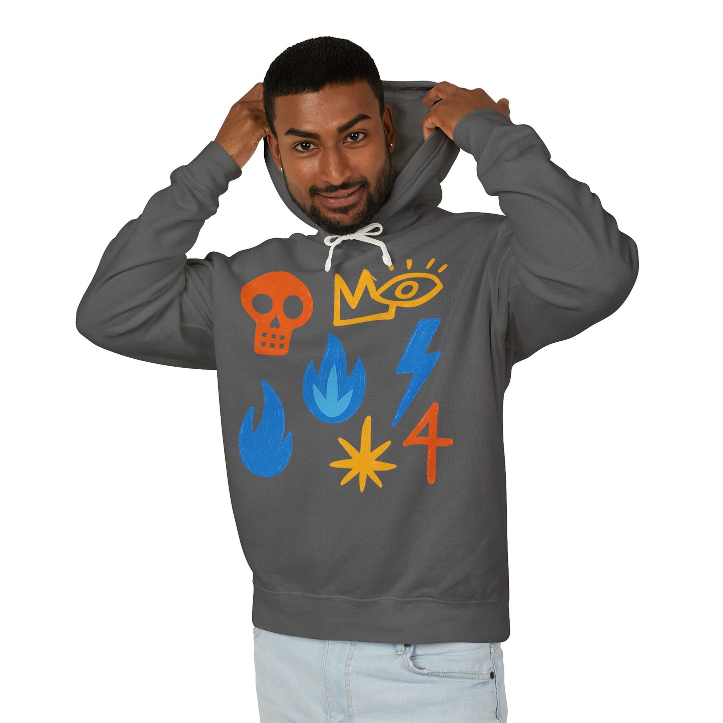 Symbol Icons Hoodie — Abstract Skull, Flame & Lightning Graphic Pullover