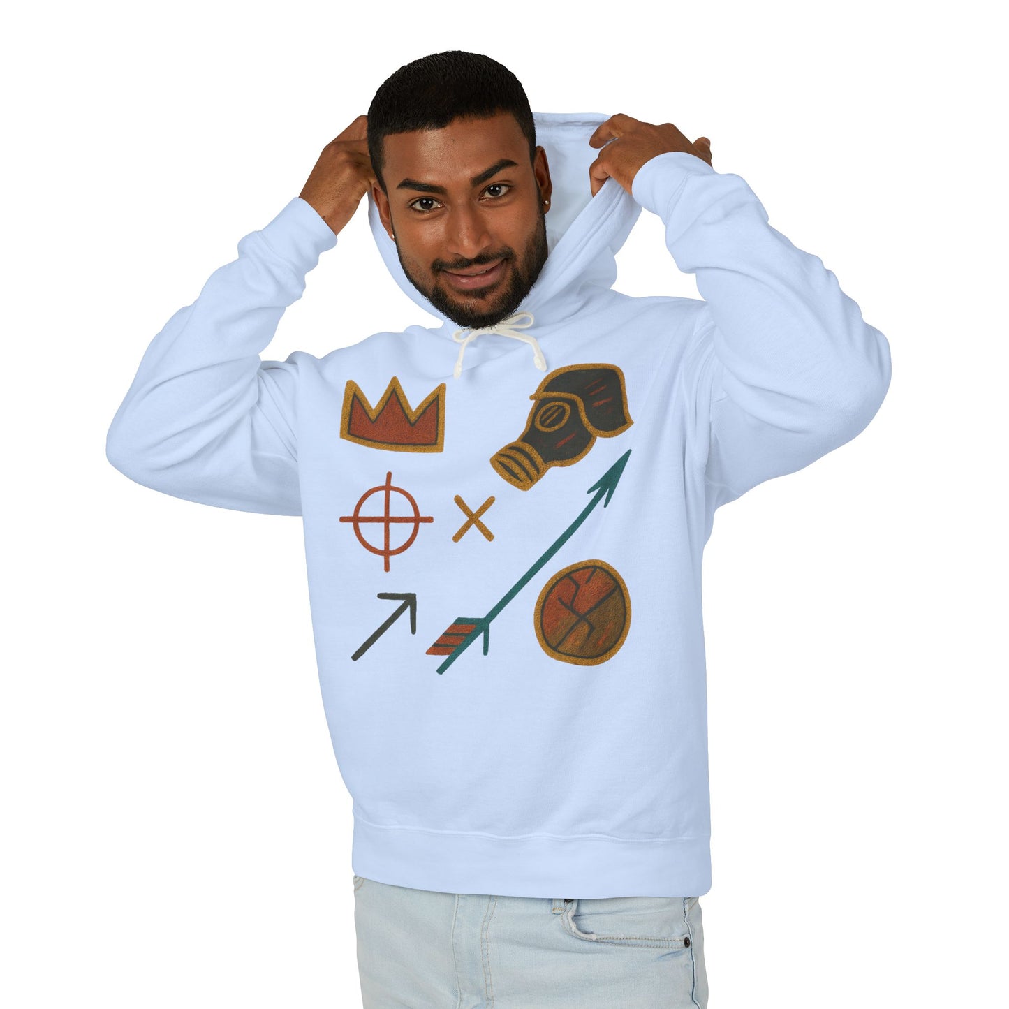 Adventure Emblems Hoodie — Tribal Crown, Gas Mask & Arrow Graphic Sweatshirt