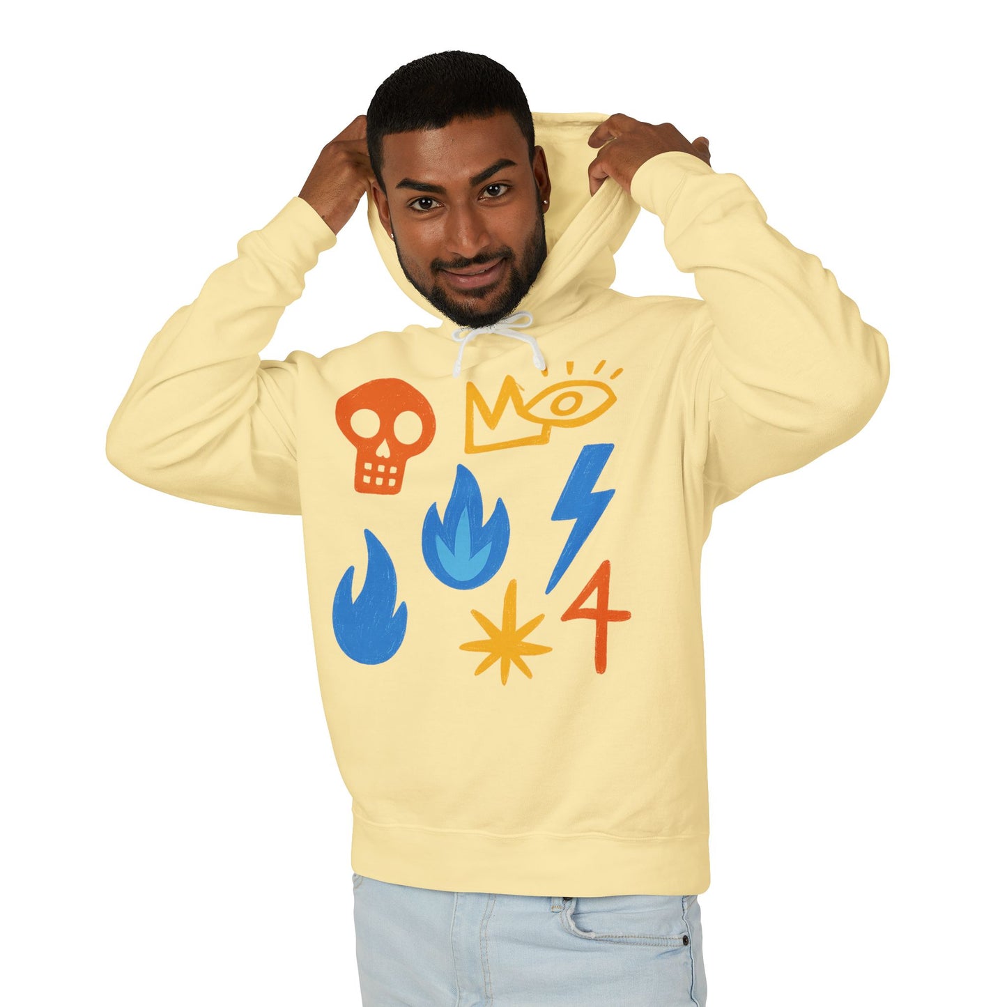 Symbol Icons Hoodie — Abstract Skull, Flame & Lightning Graphic Pullover