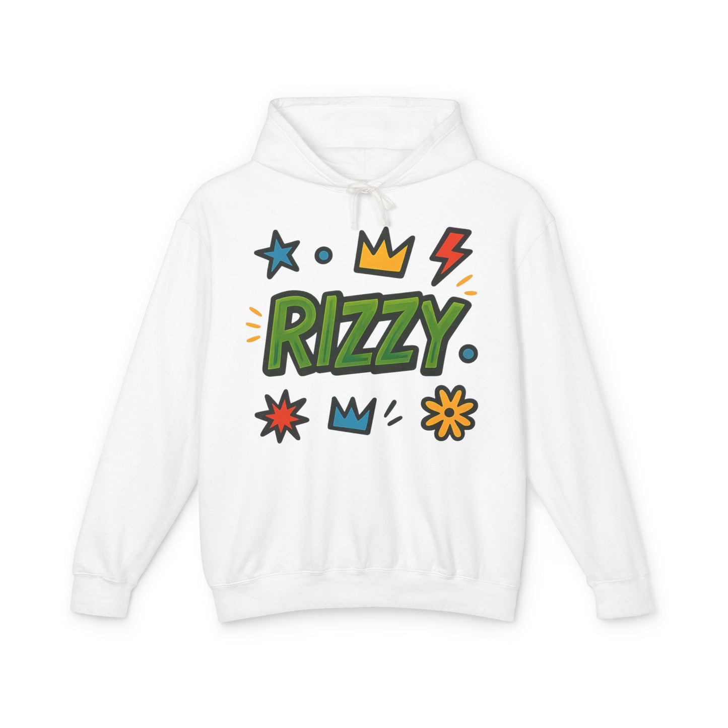 Rizzy Cartoon Graphic Hoodie — Playful Crown & Stars Pullover