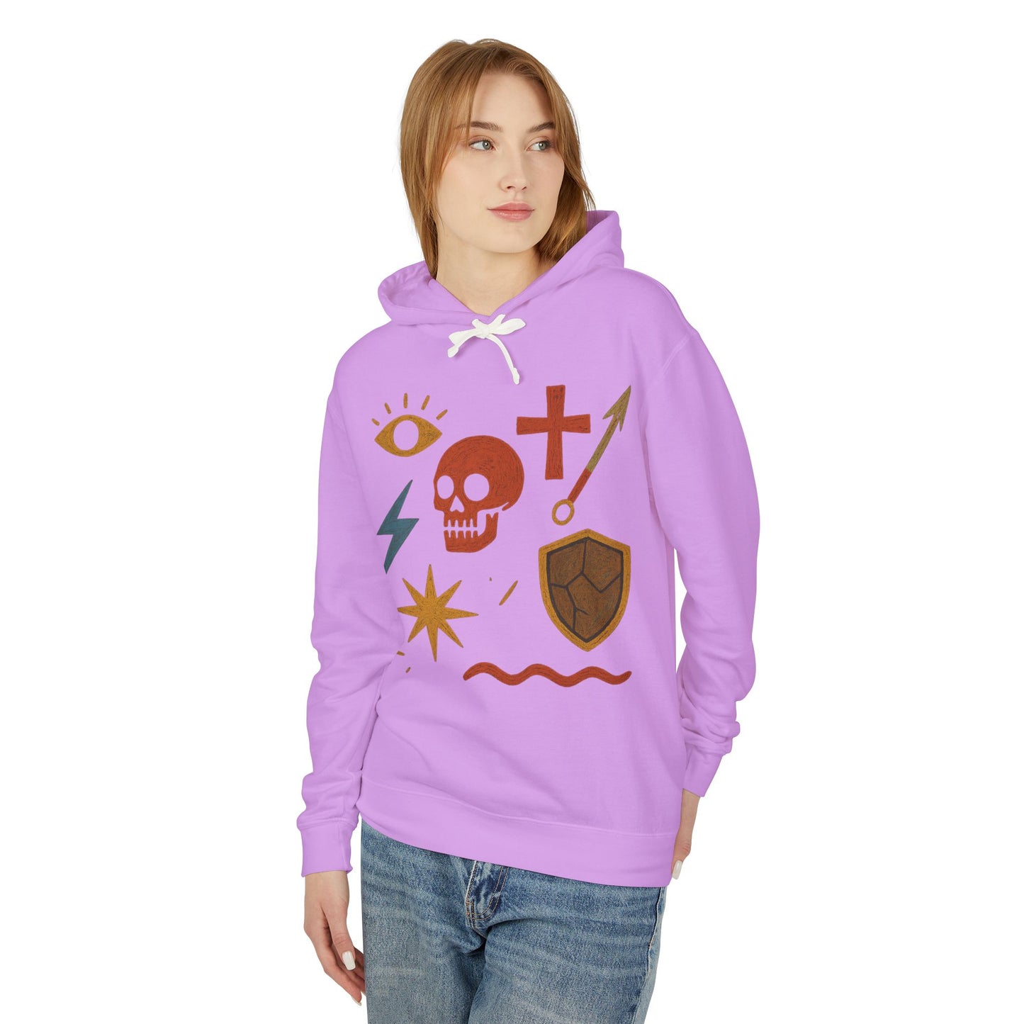 Mystic Adventure Hoodie — Skull, Shield & Symbol Graphic Pullover
