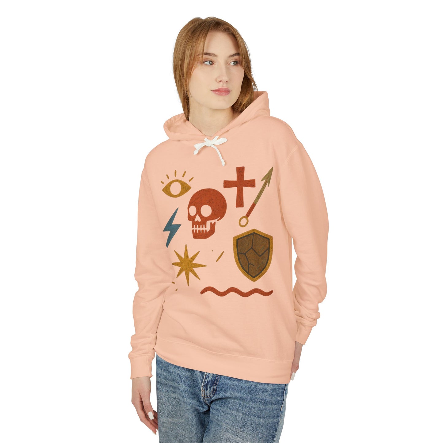 Mystic Adventure Hoodie — Skull, Shield & Symbol Graphic Pullover