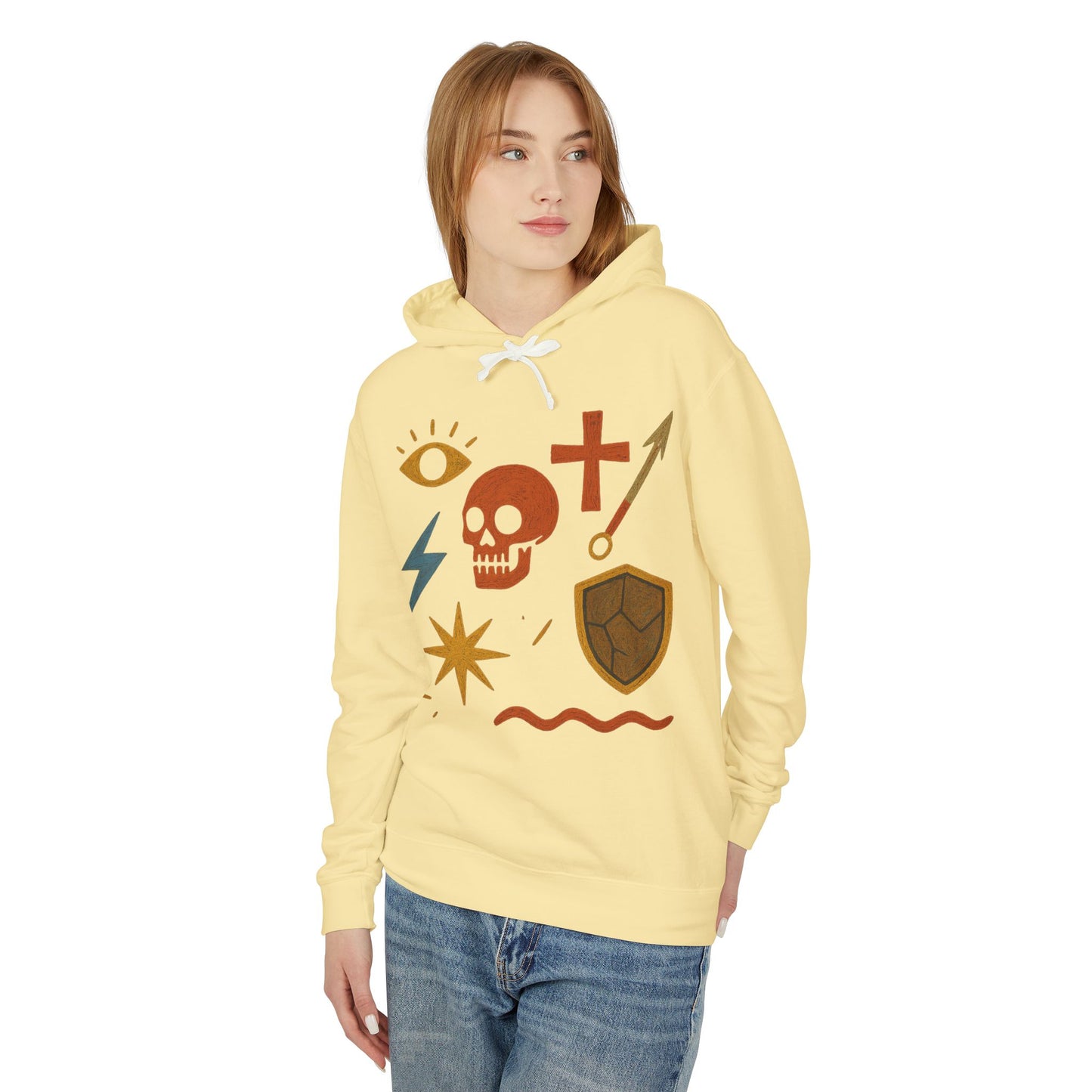 Mystic Adventure Hoodie — Skull, Shield & Symbol Graphic Pullover