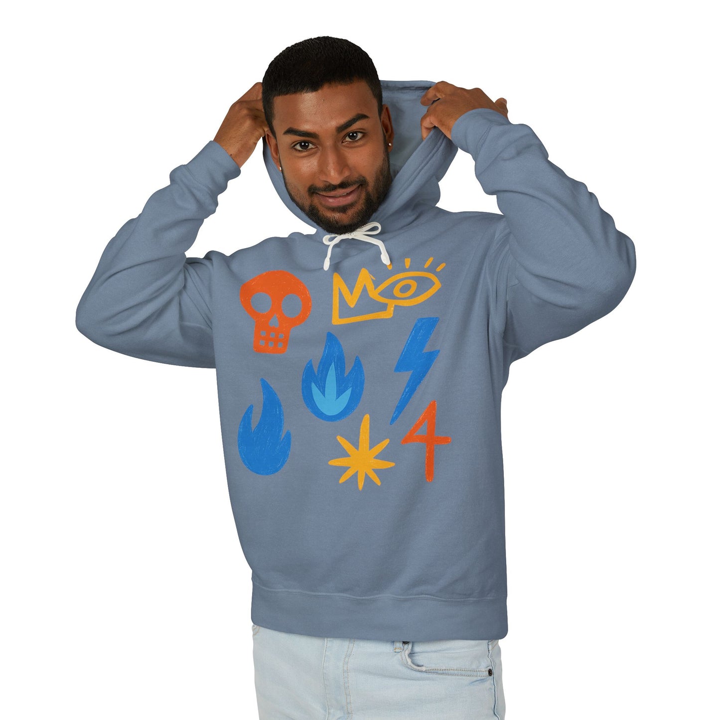 Symbol Icons Hoodie — Abstract Skull, Flame & Lightning Graphic Pullover