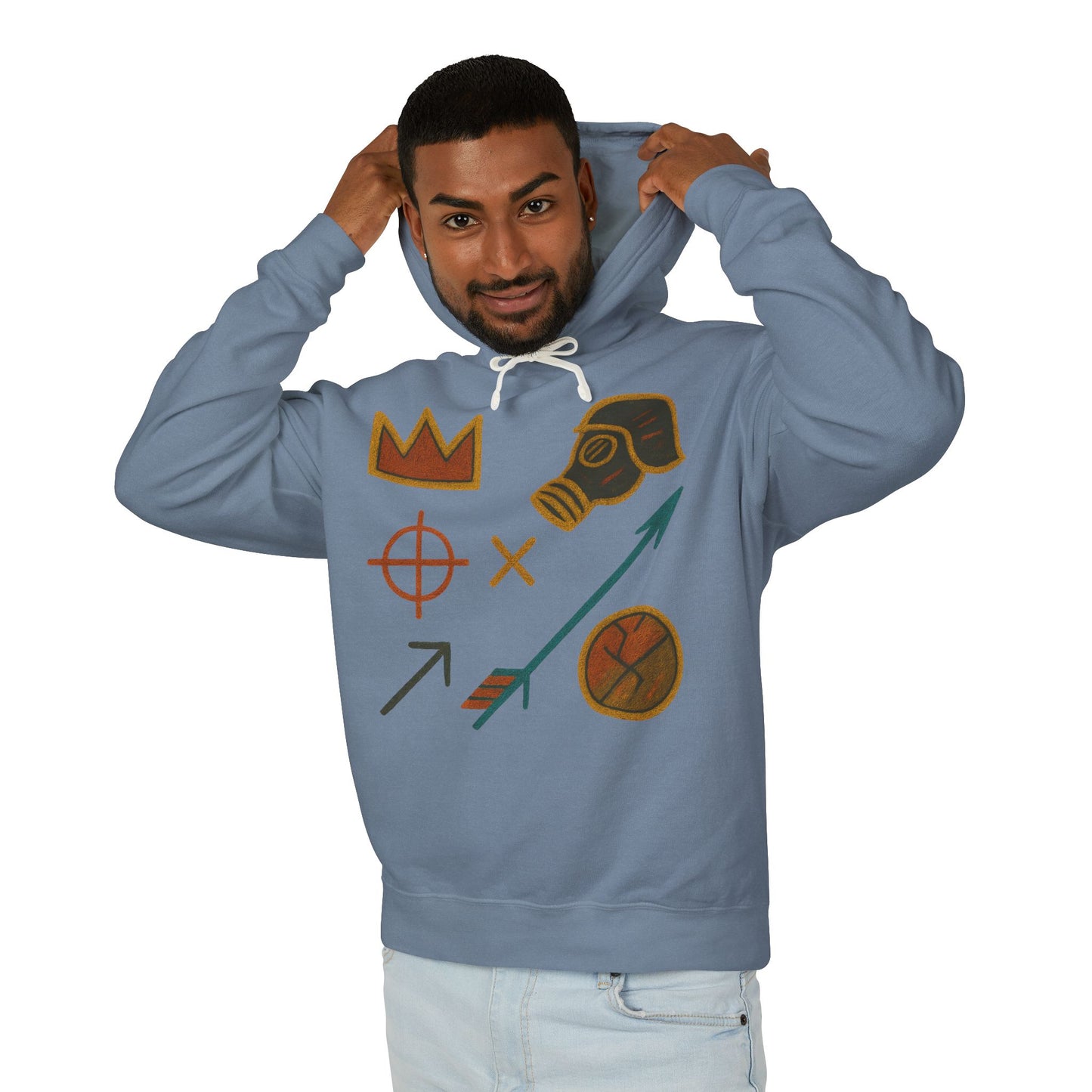 Adventure Emblems Hoodie — Tribal Crown, Gas Mask & Arrow Graphic Sweatshirt