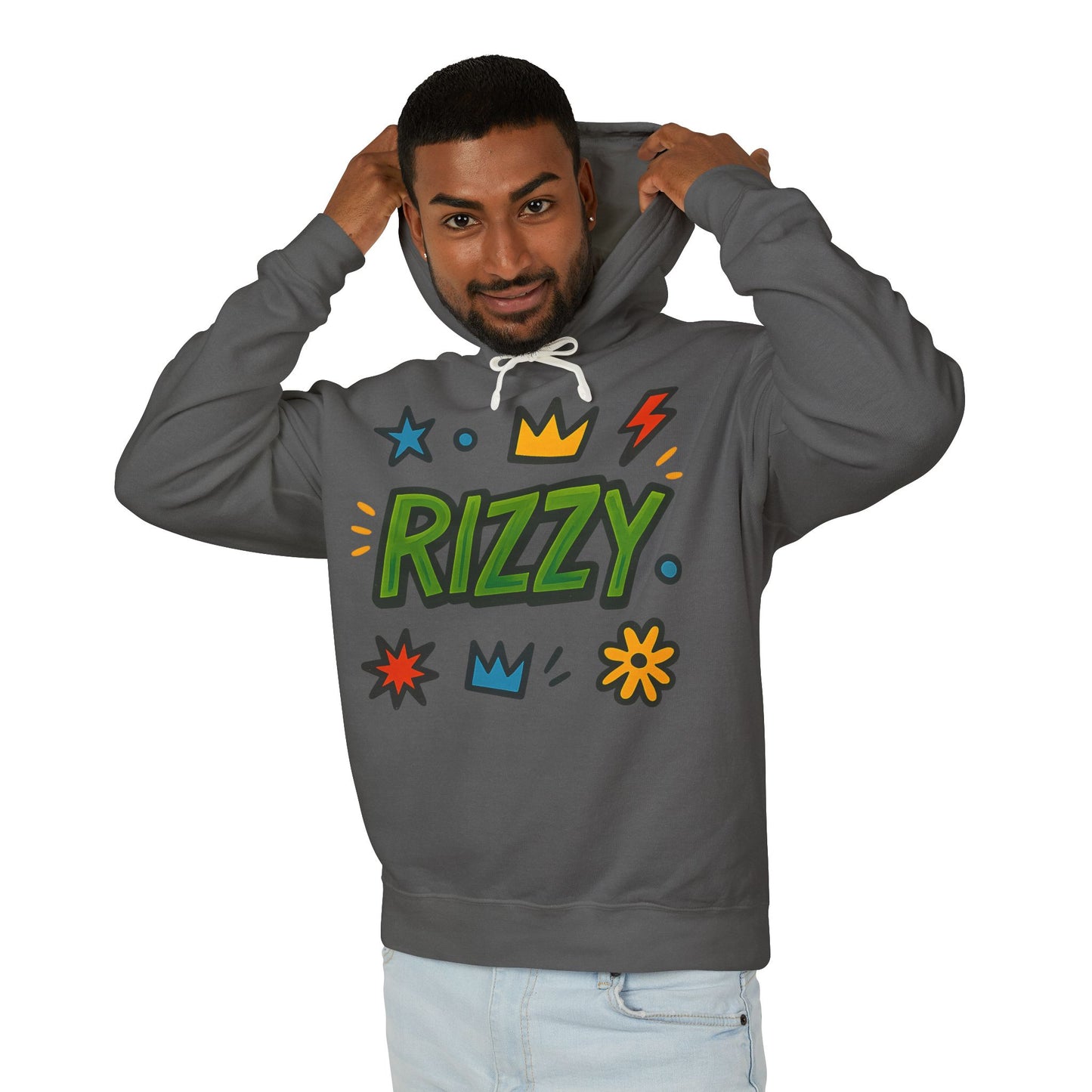 Rizzy Cartoon Graphic Hoodie — Playful Crown & Stars Pullover