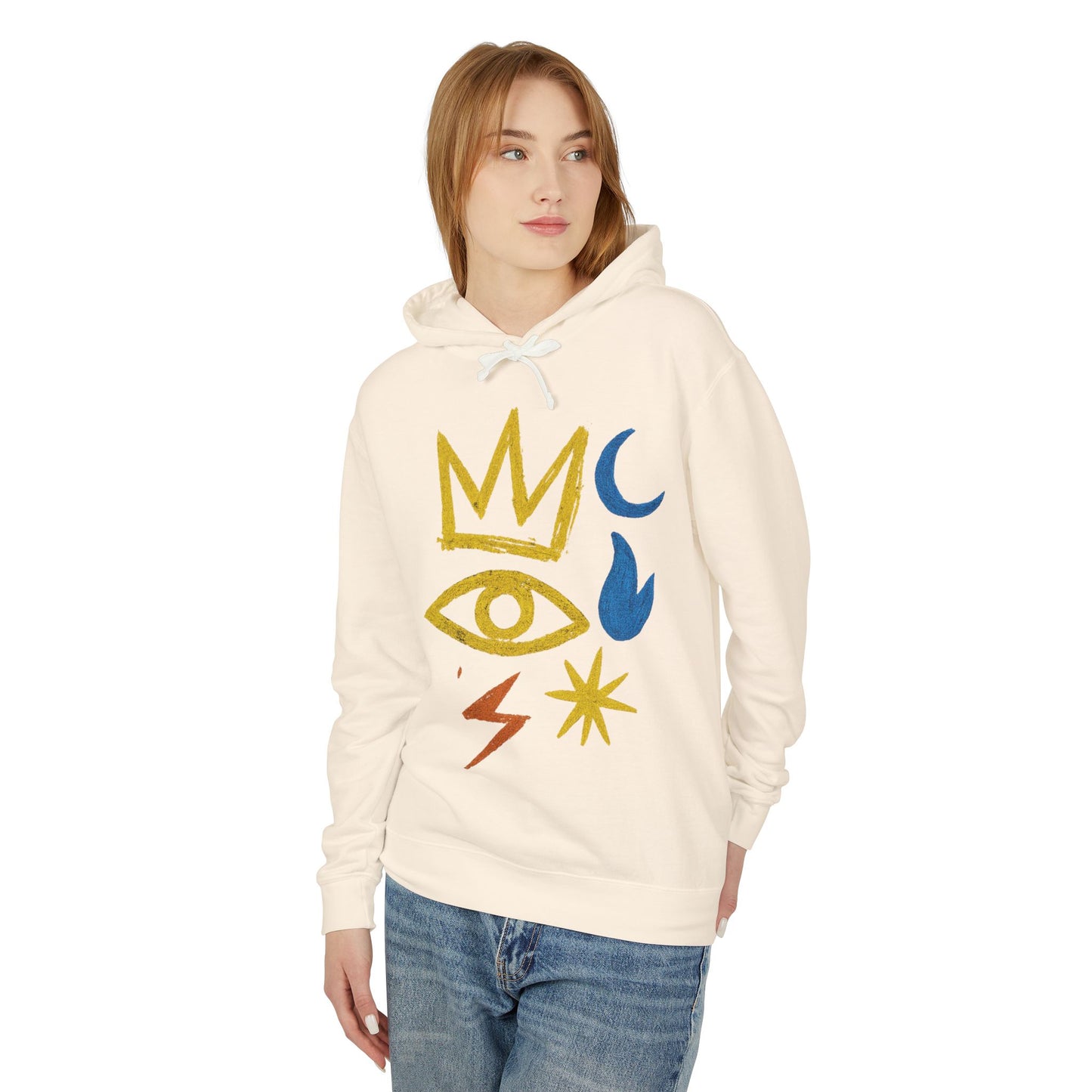 Mystic Symbols Hoodie — Crown, Eye & Celestial Icons Lightweight Pullover