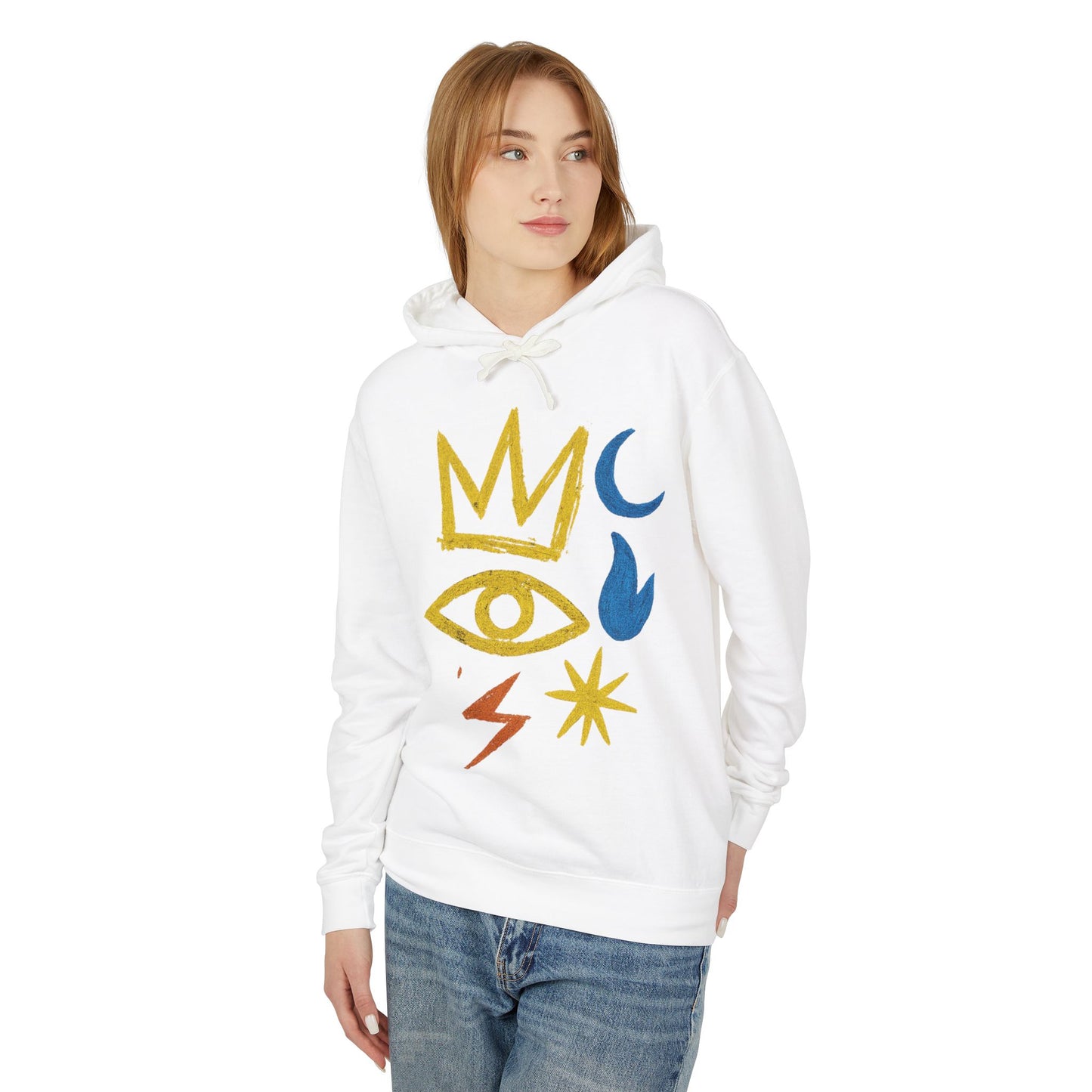 Mystic Symbols Hoodie — Crown, Eye & Celestial Icons Lightweight Pullover