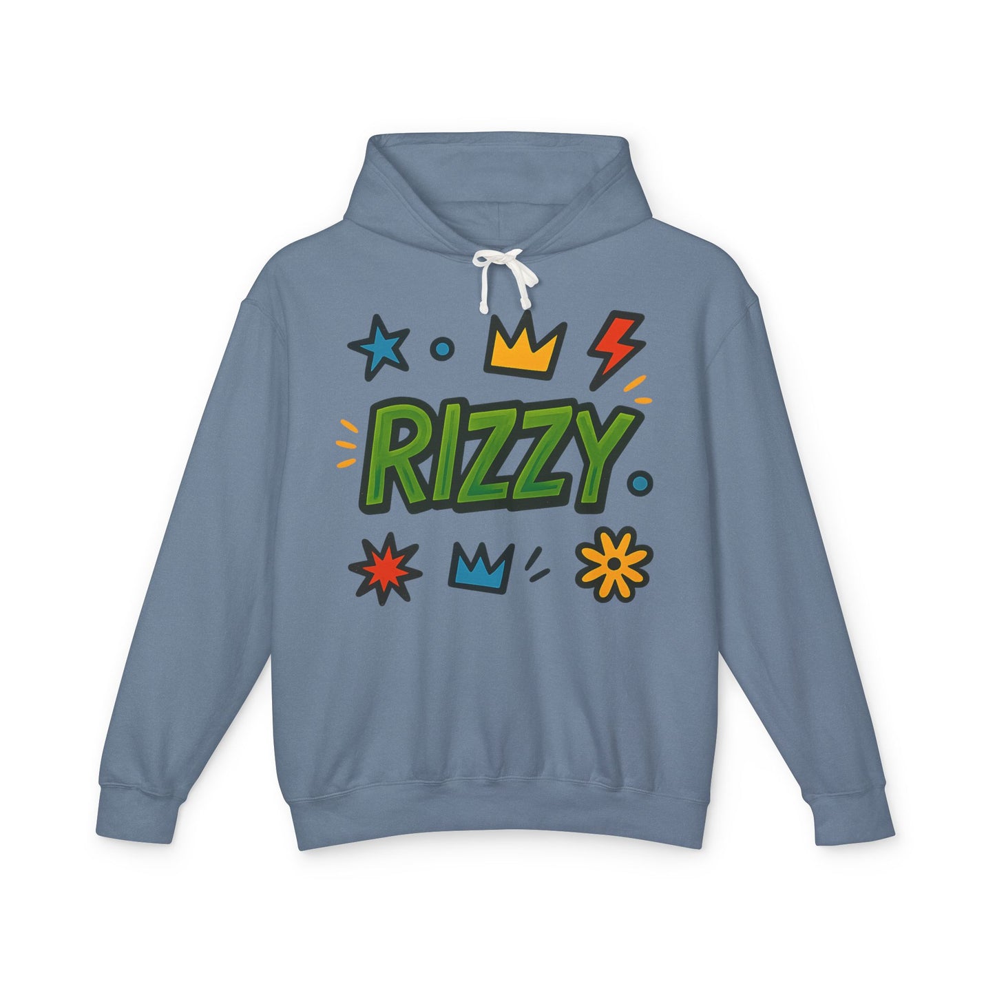 Rizzy Cartoon Graphic Hoodie — Playful Crown & Stars Pullover