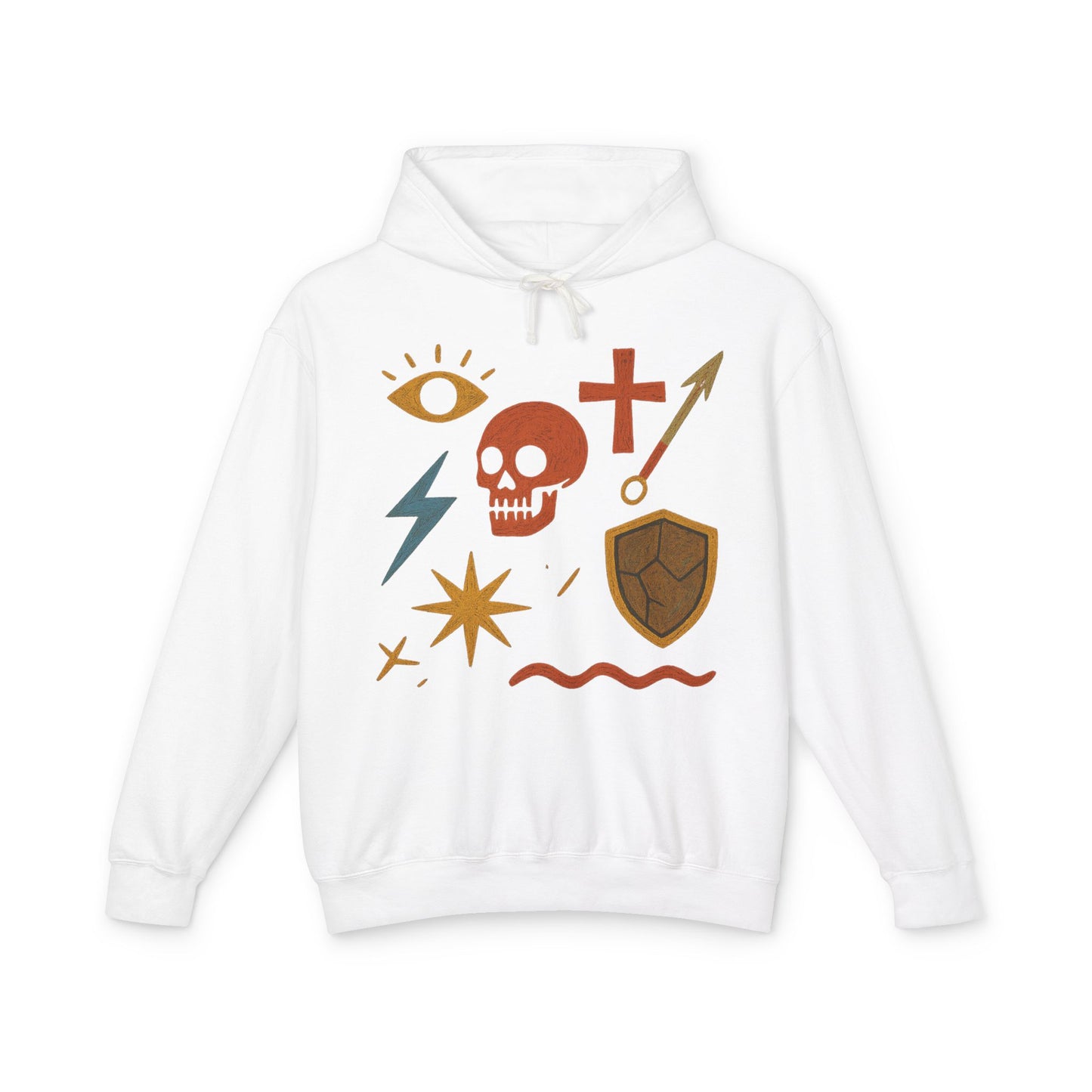 Mystic Adventure Hoodie — Skull, Shield & Symbol Graphic Pullover
