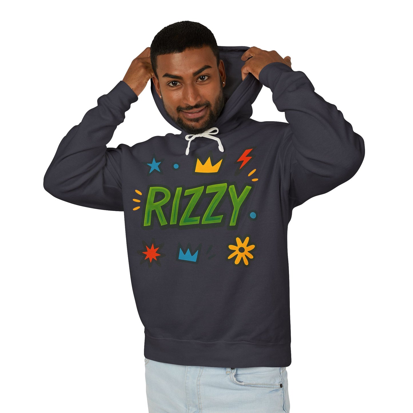 Rizzy Cartoon Graphic Hoodie — Playful Crown & Stars Pullover