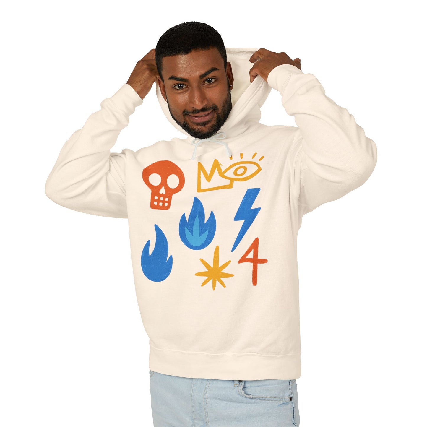 Symbol Icons Hoodie — Abstract Skull, Flame & Lightning Graphic Pullover