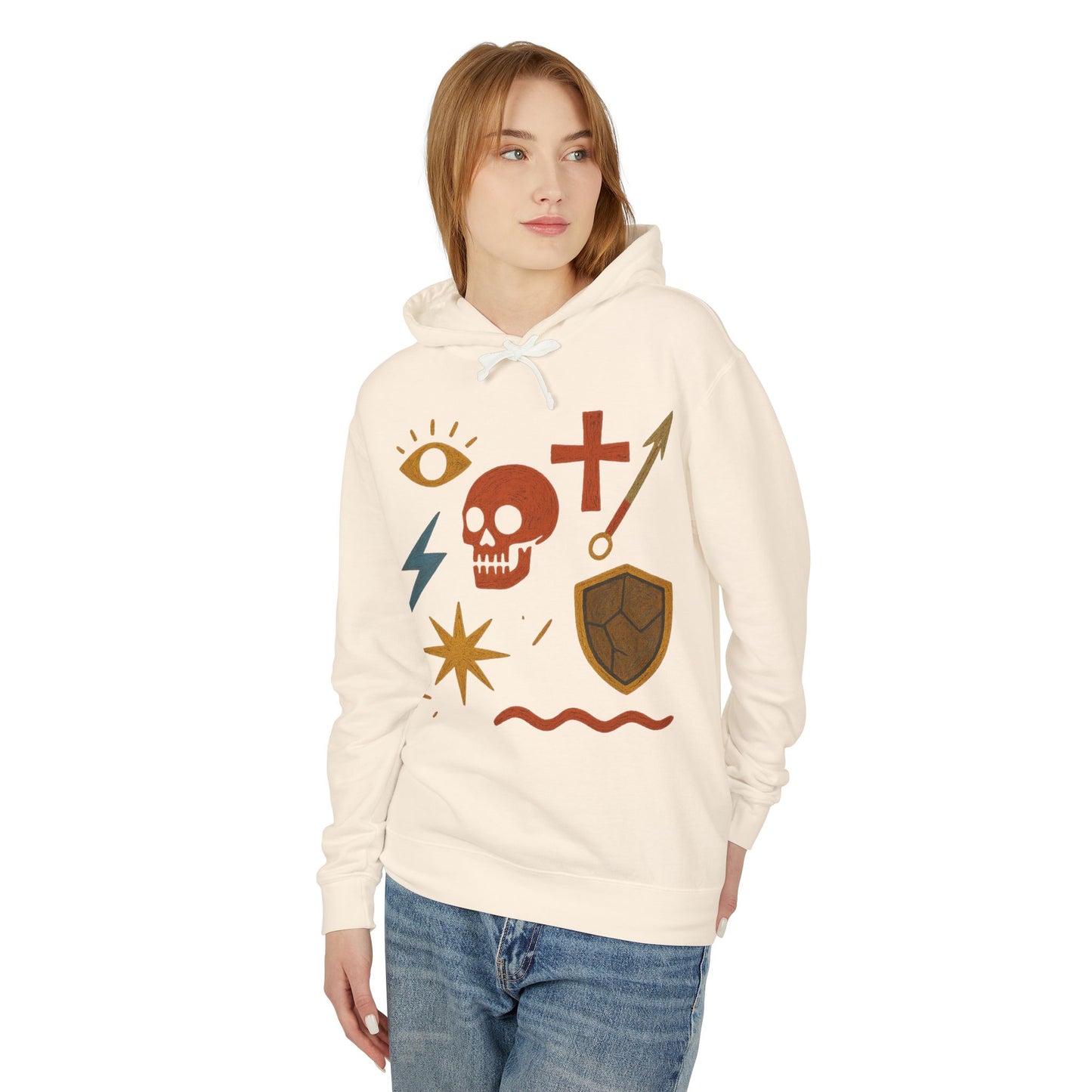 Mystic Adventure Hoodie — Skull, Shield & Symbol Graphic Pullover