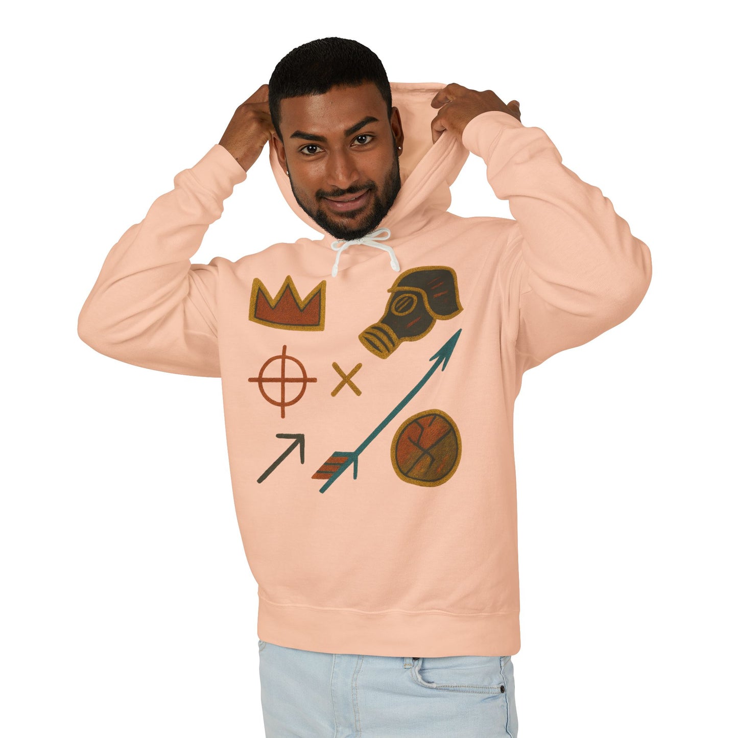 Adventure Emblems Hoodie — Tribal Crown, Gas Mask & Arrow Graphic Sweatshirt