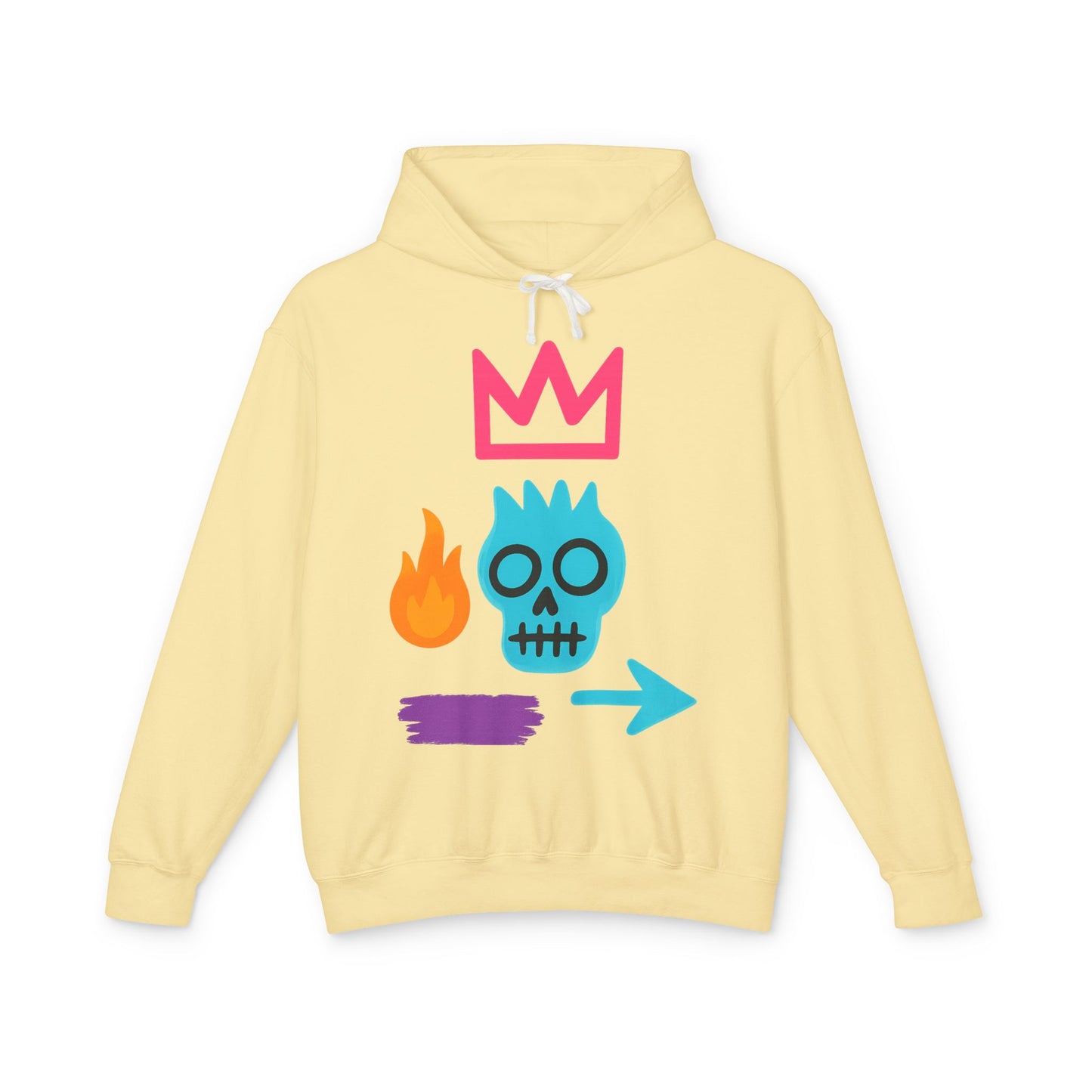 Street Art Skull Hoodie — Retro Neon Graphic Crown & Flame Pullover