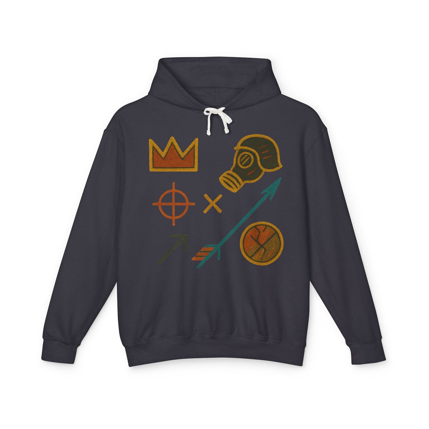 Adventure Emblems Hoodie — Tribal Crown, Gas Mask & Arrow Graphic Sweatshirt