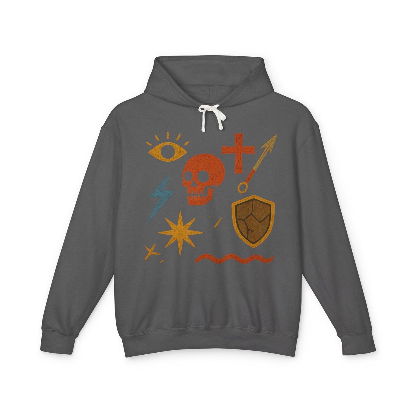 Mystic Adventure Hoodie — Skull, Shield & Symbol Graphic Pullover