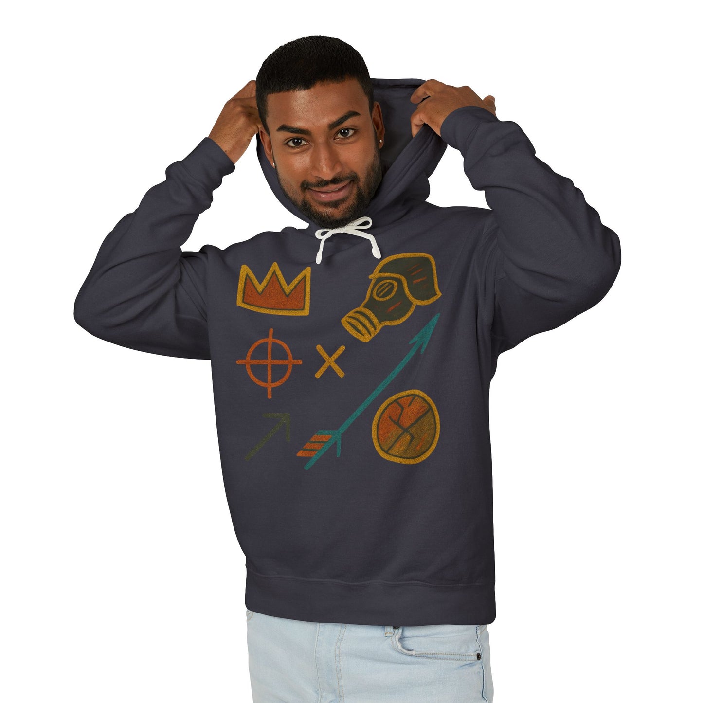 Adventure Emblems Hoodie — Tribal Crown, Gas Mask & Arrow Graphic Sweatshirt