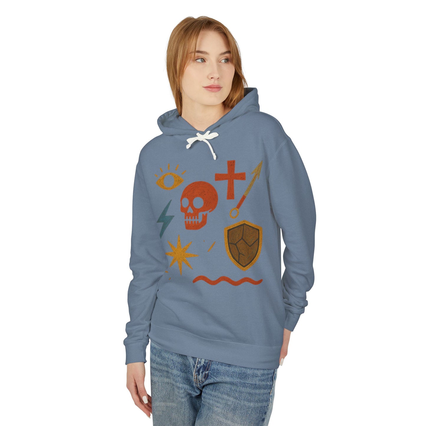 Mystic Adventure Hoodie — Skull, Shield & Symbol Graphic Pullover