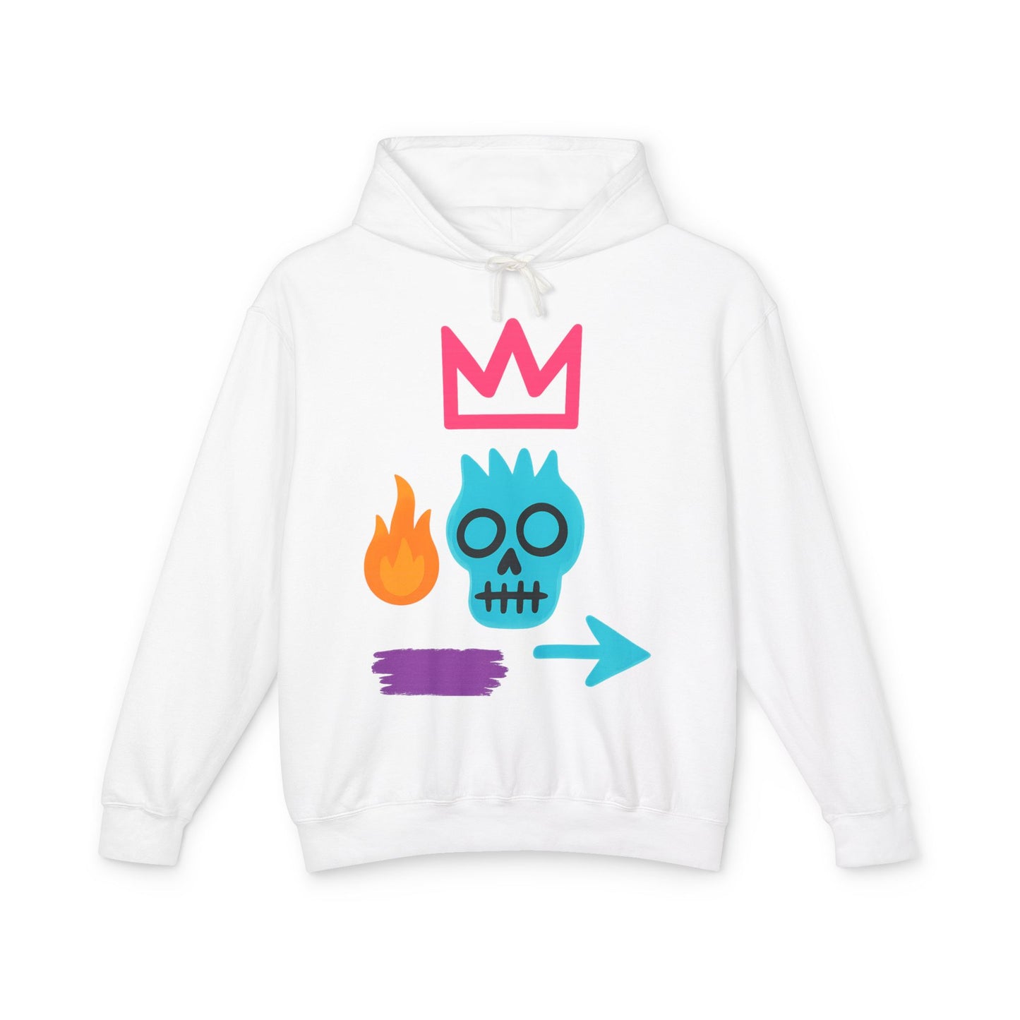 Street Art Skull Hoodie — Retro Neon Graphic Crown & Flame Pullover