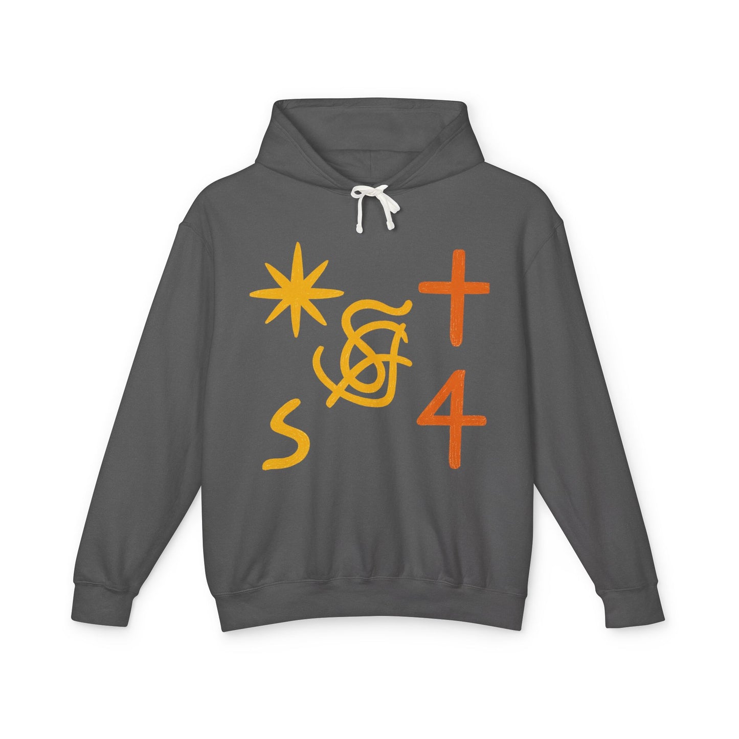 Abstract Symbols Hoodie — Minimalist Sun, Cross & '4' Graphic Lightweight Hooded Sweatshirt