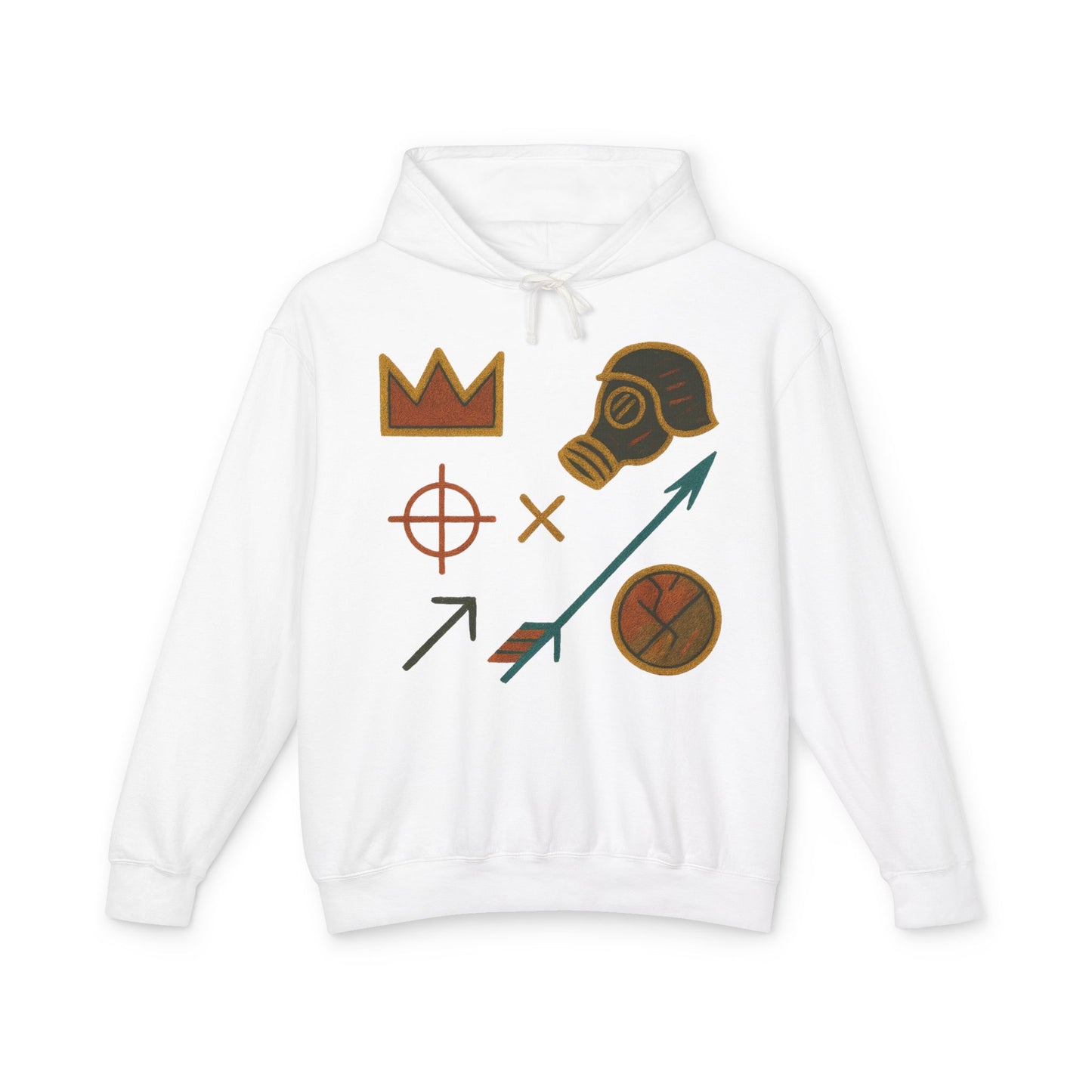 Adventure Emblems Hoodie — Tribal Crown, Gas Mask & Arrow Graphic Sweatshirt