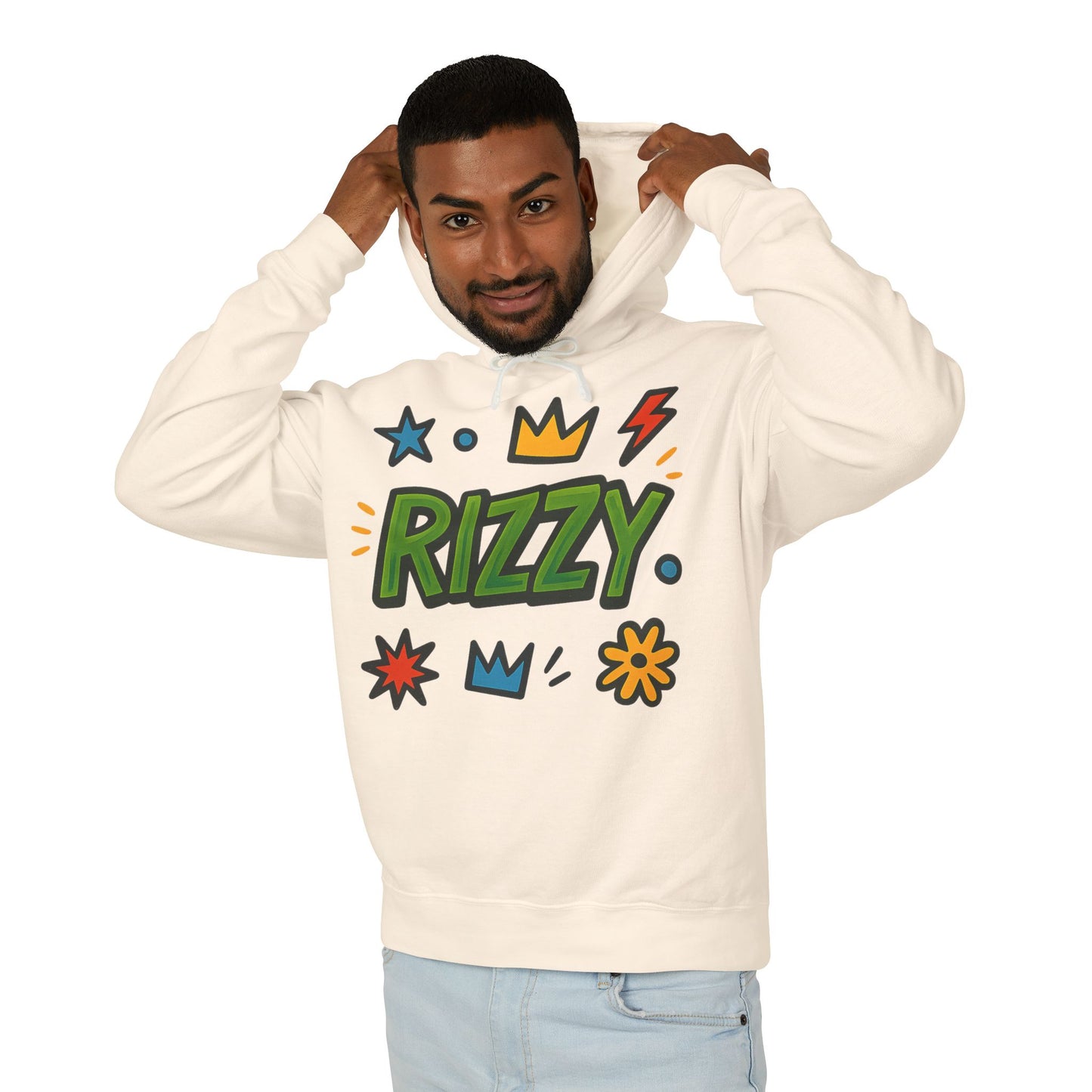 Rizzy Cartoon Graphic Hoodie — Playful Crown & Stars Pullover