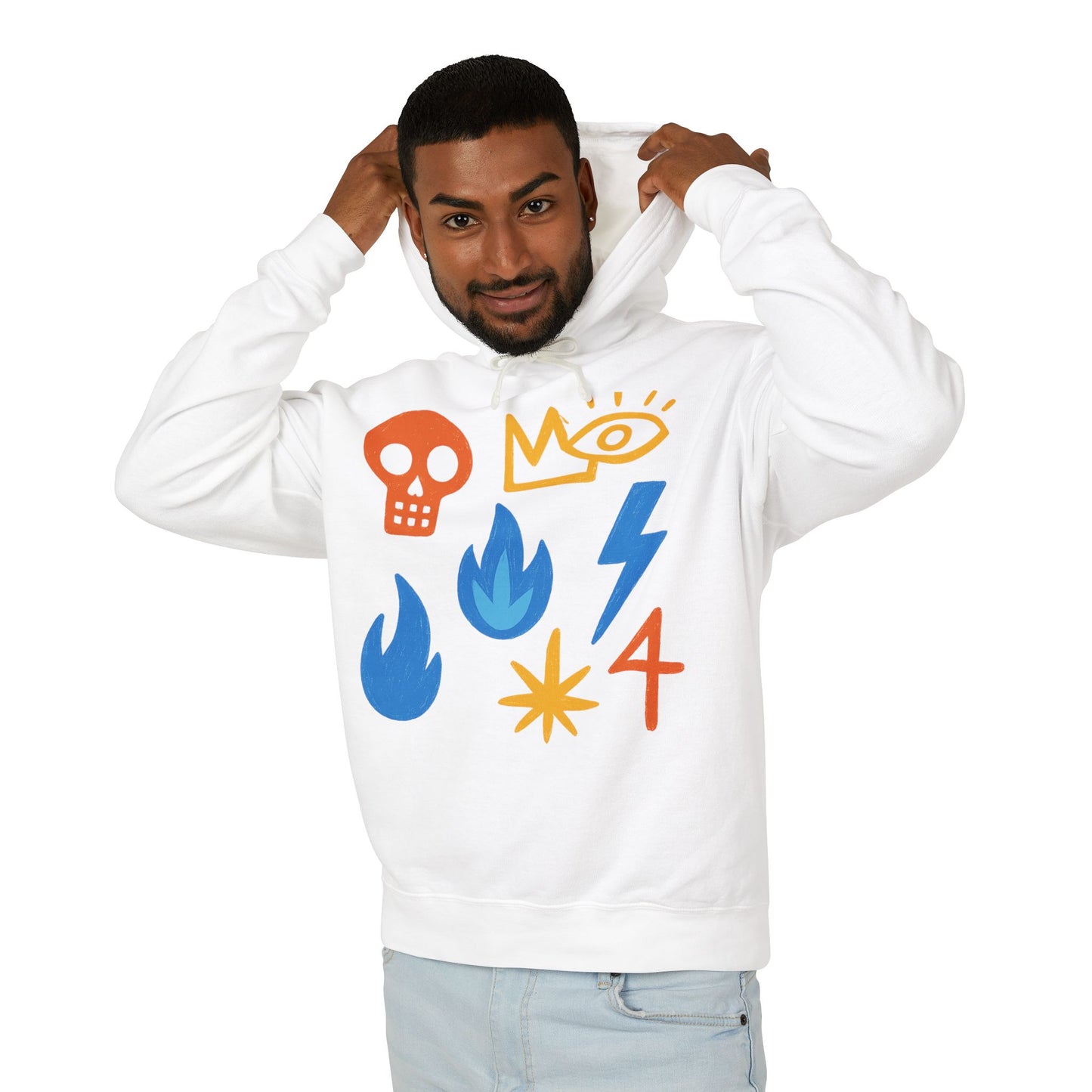 Symbol Icons Hoodie — Abstract Skull, Flame & Lightning Graphic Pullover