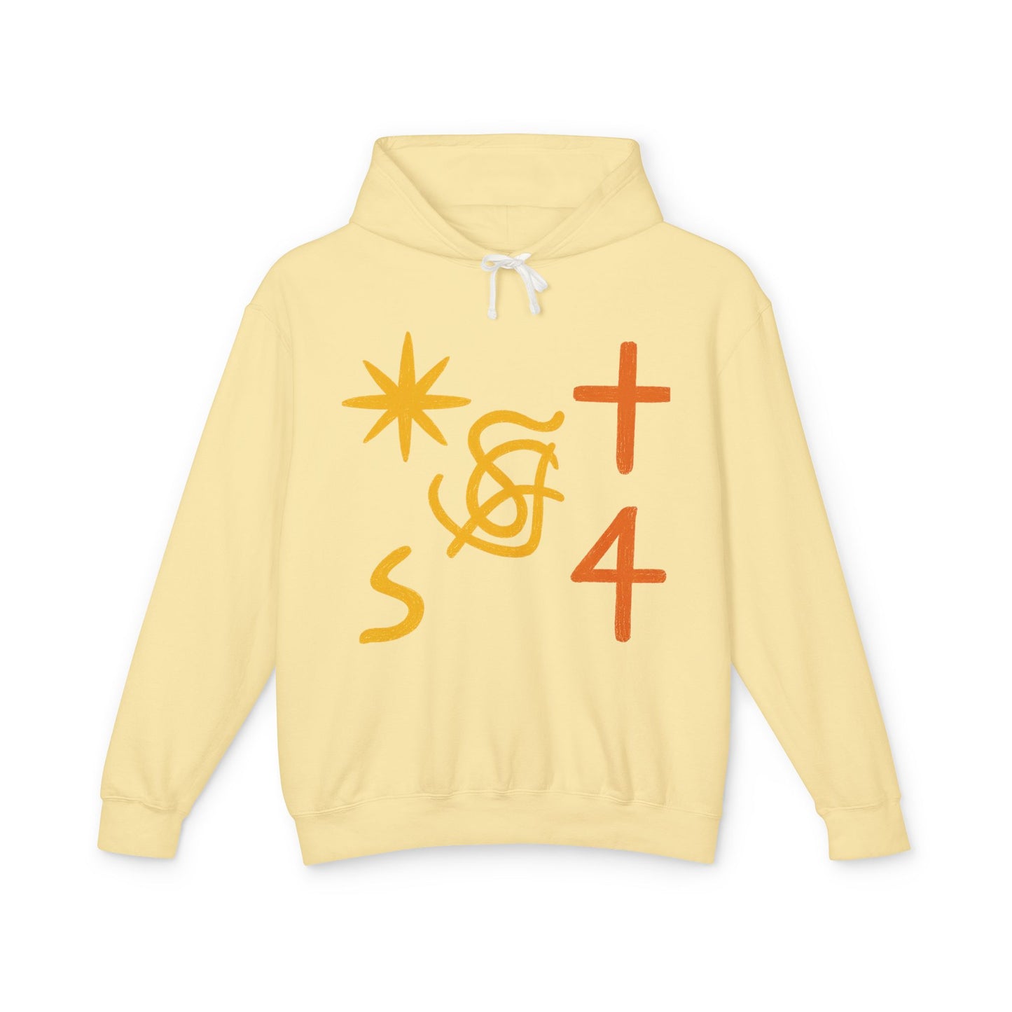Abstract Symbols Hoodie — Minimalist Sun, Cross & '4' Graphic Lightweight Hooded Sweatshirt