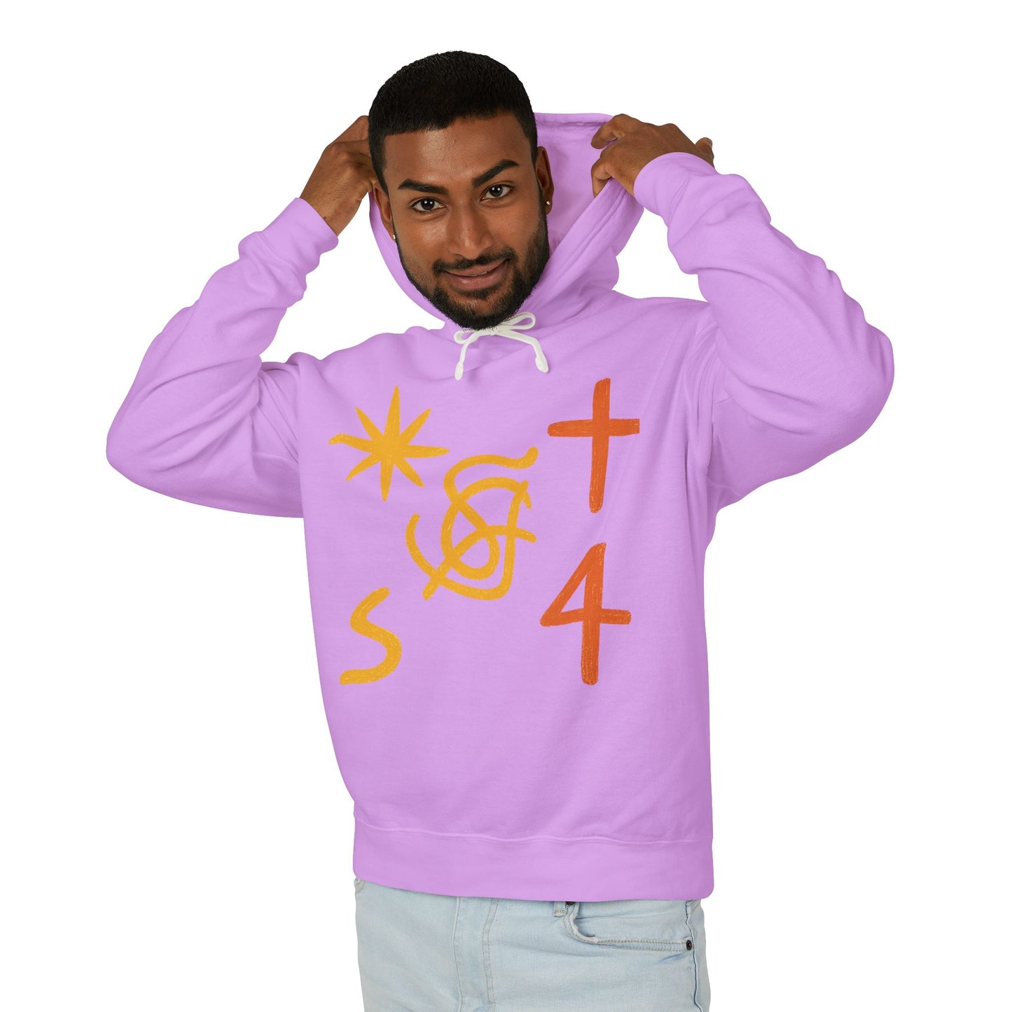 Abstract Symbols Hoodie — Minimalist Sun, Cross & '4' Graphic Lightweight Hooded Sweatshirt