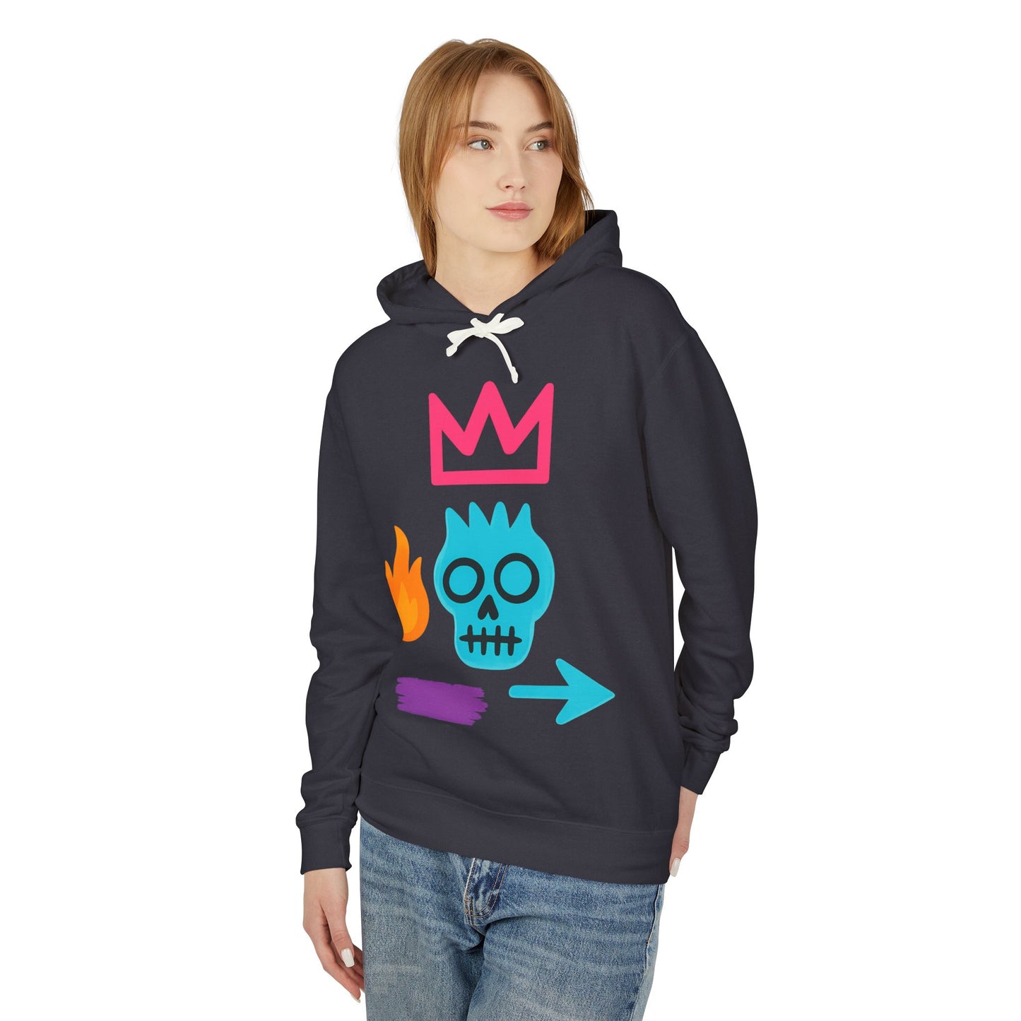 Street Art Skull Hoodie — Retro Neon Graphic Crown & Flame Pullover