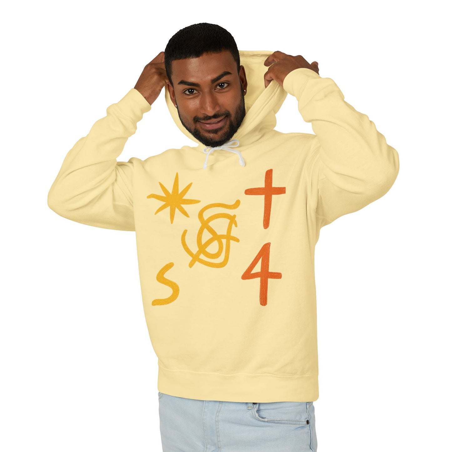 Abstract Symbols Hoodie — Minimalist Sun, Cross & '4' Graphic Lightweight Hooded Sweatshirt