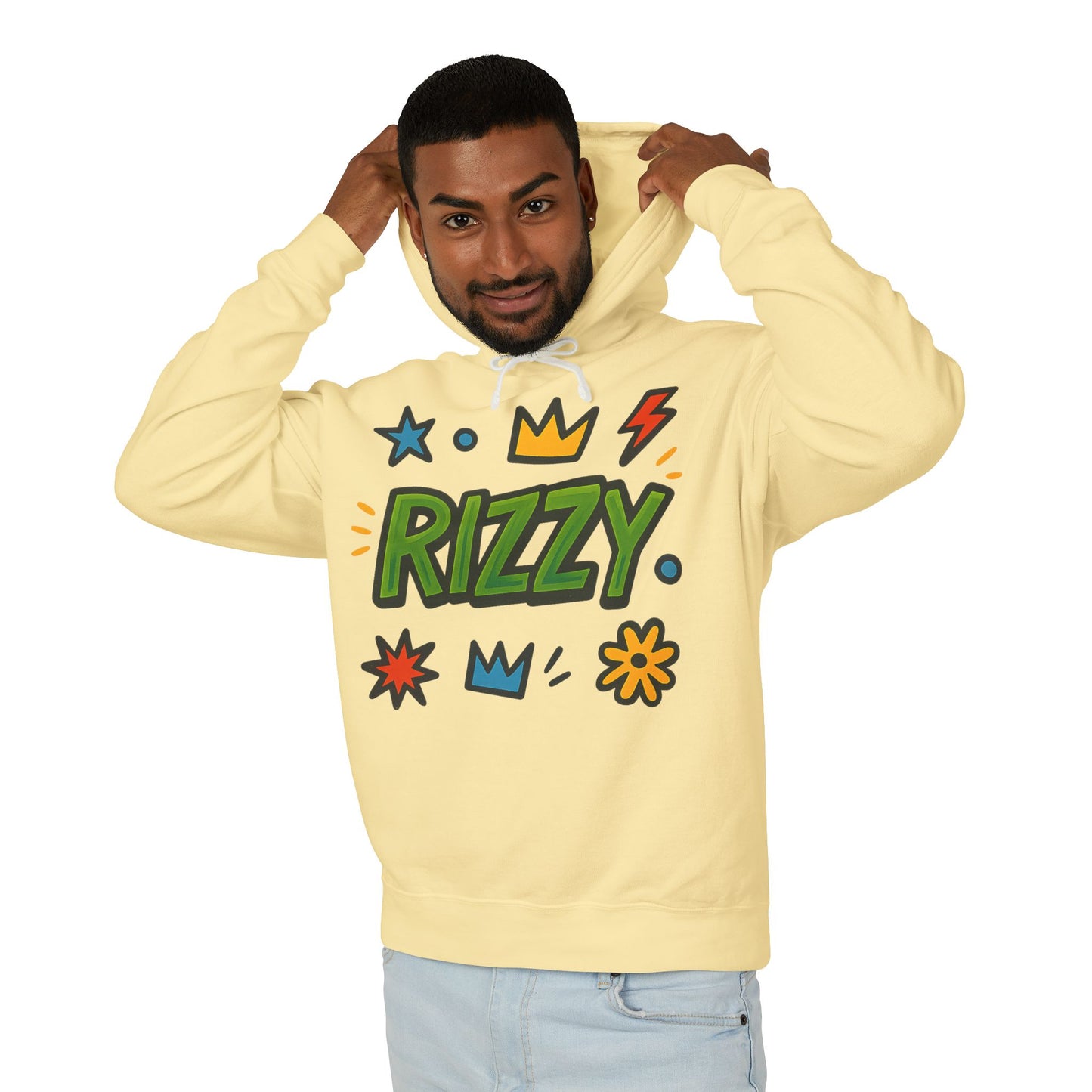 Rizzy Cartoon Graphic Hoodie — Playful Crown & Stars Pullover