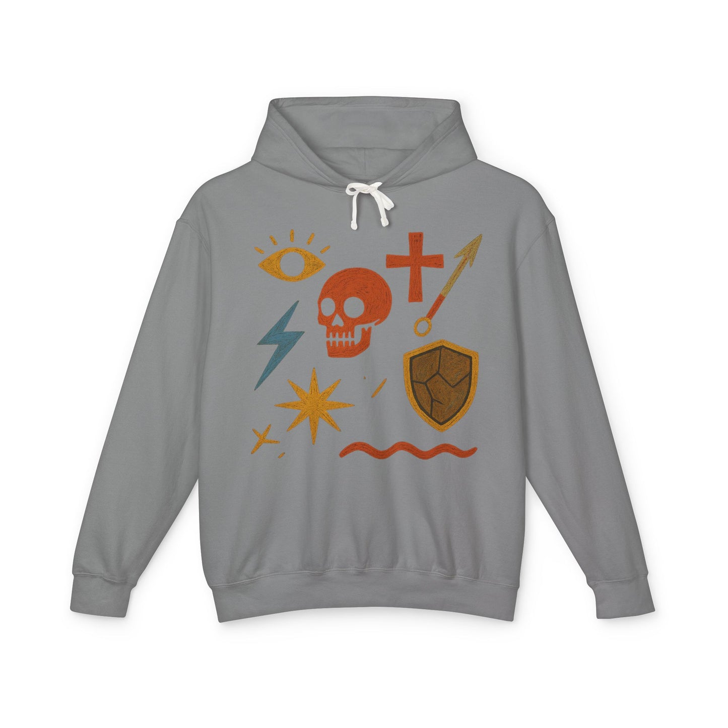 Mystic Adventure Hoodie — Skull, Shield & Symbol Graphic Pullover